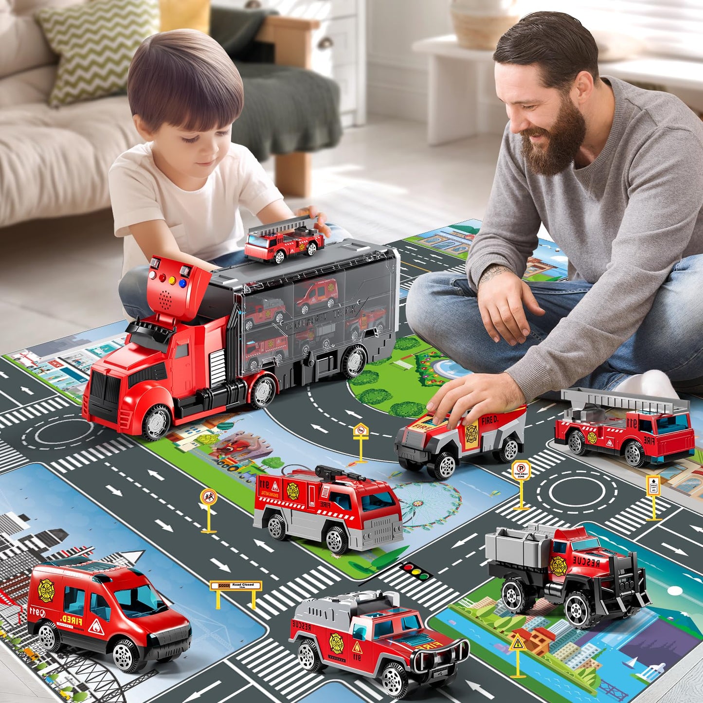 NIPLOOOW Fire Trucks Toy Set with Play Mat – Realistic Carrier Truck & 7 Vehicles for Kids 3-9