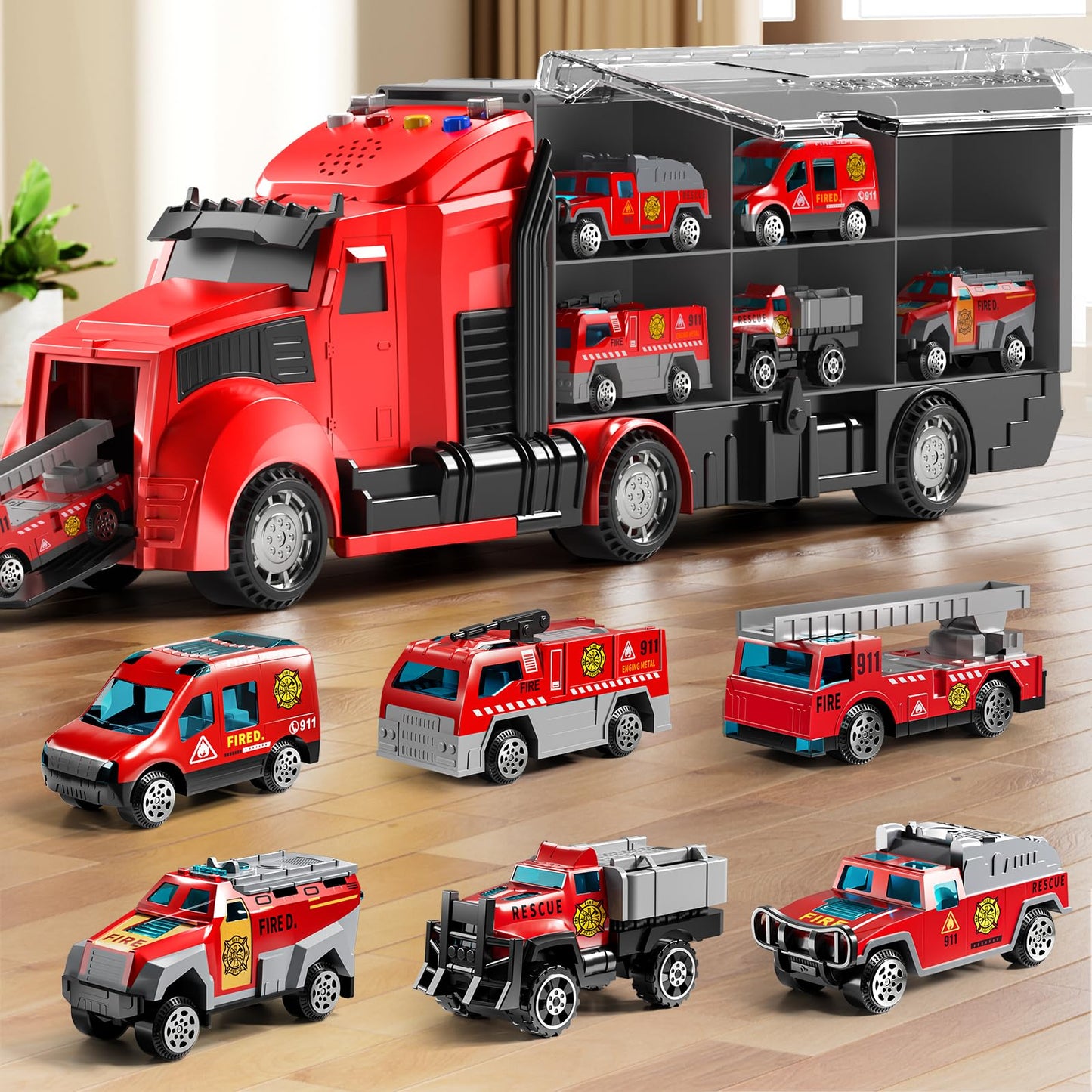 NIPLOOOW Fire Trucks Toy Set with Play Mat – Realistic Carrier Truck & 7 Vehicles for Kids 3-9