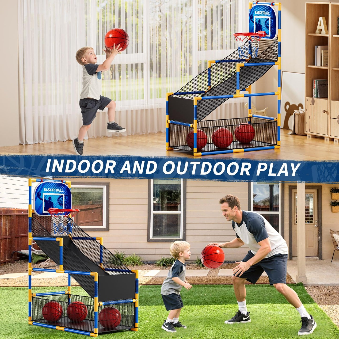 NIPLOOOW Arcade Basketball Game Set for Kids 3-12 | Indoor/Outdoor Hoop with 4 Balls & Pump