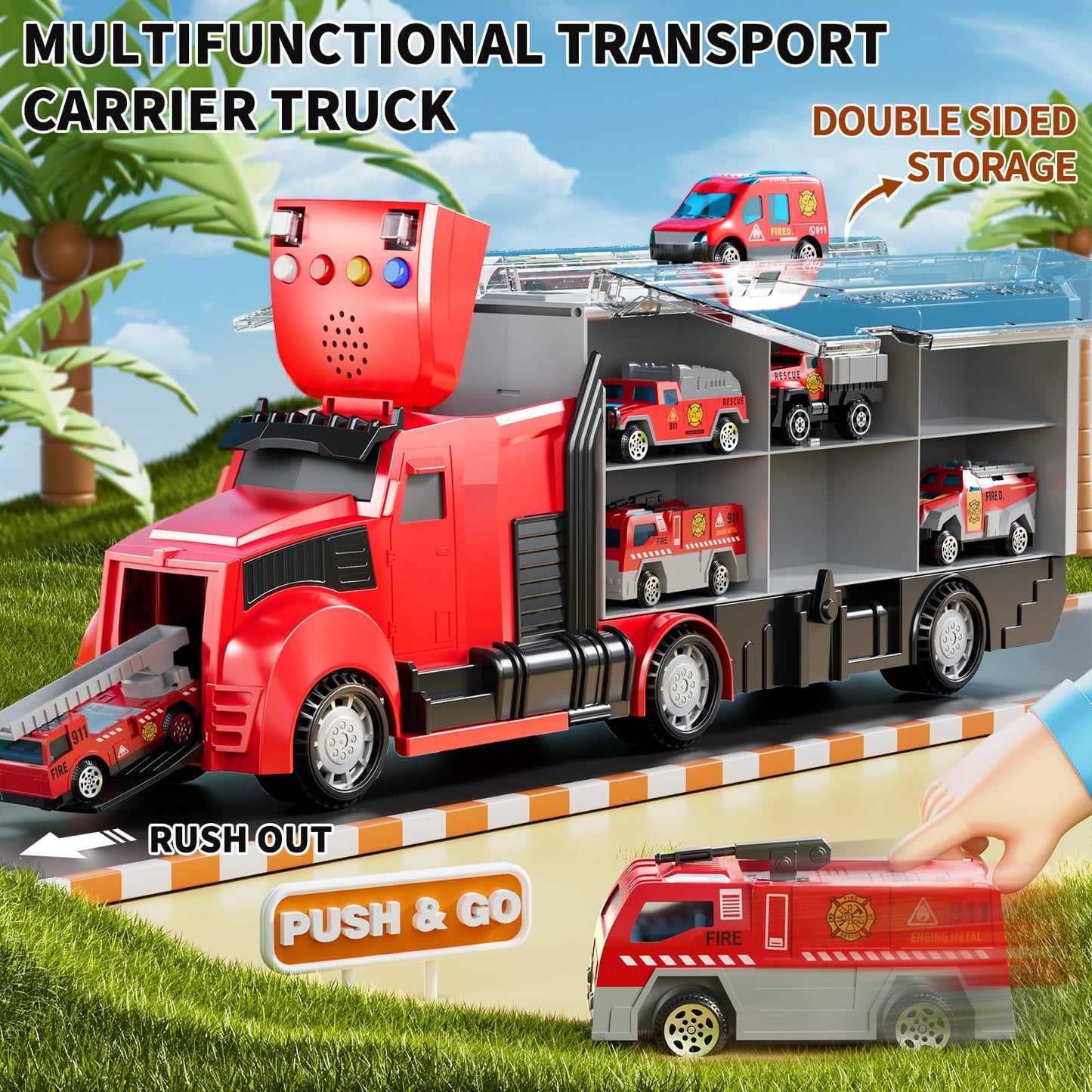 NIPLOOOW Fire Trucks Toy Set with Play Mat – Realistic Carrier Truck & 7 Vehicles for Kids 3-9
