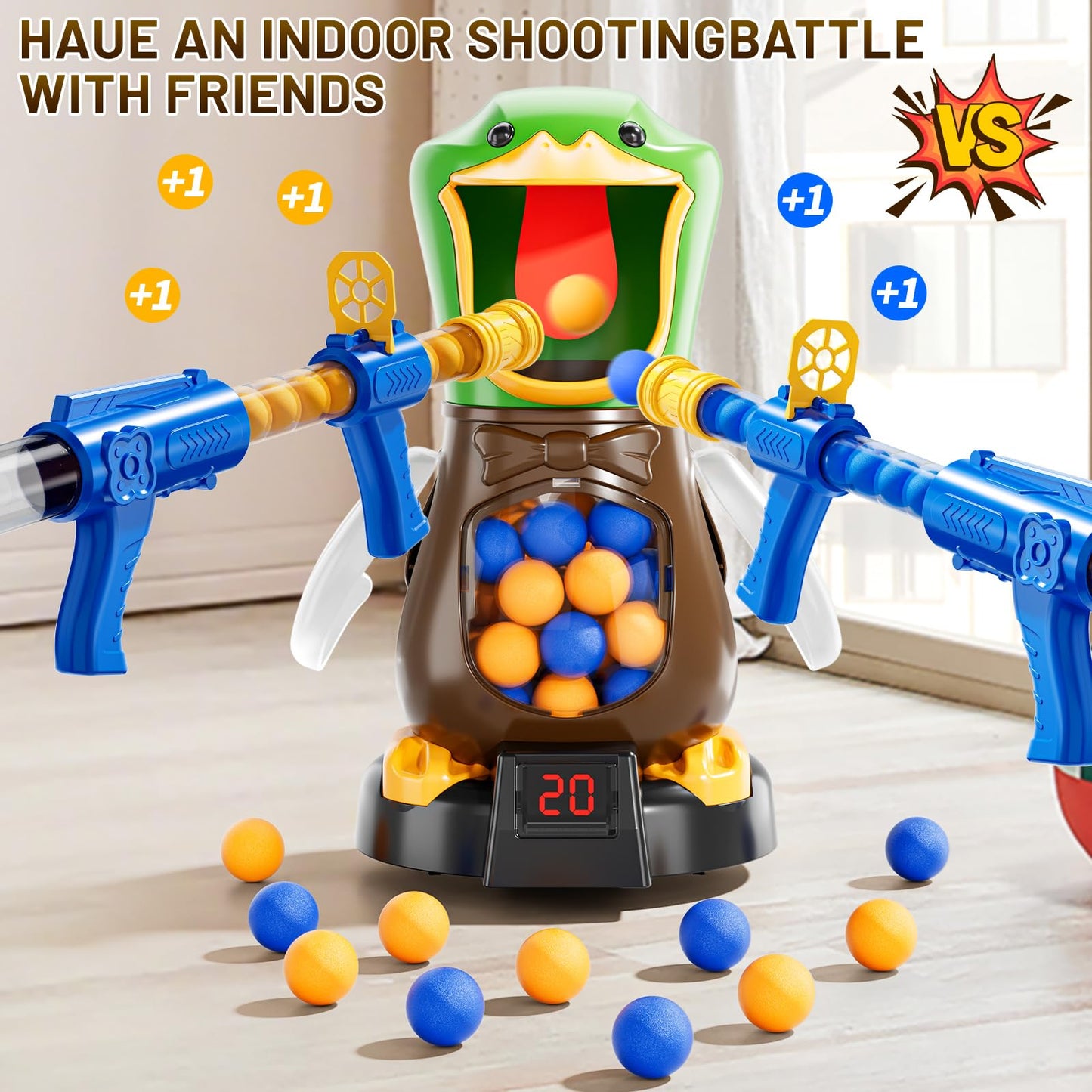 NIPLOOOW Duck Shooting Toy for Kids 3-8 – Movable Target Game with 2 Air Pump Launchers, LCD Score & 48 Foam Balls