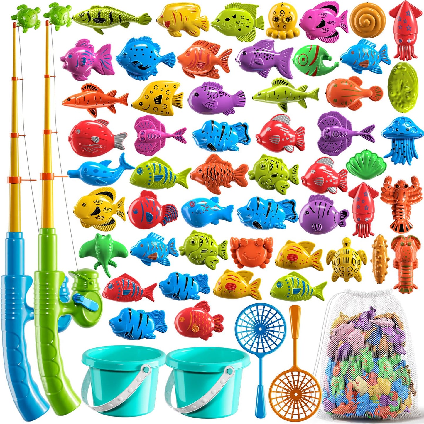 NIPLOOOW Magnetic Fishing Game – 51 Sea Animals, 2 Rods & 2 Nets, Pool Toy for Kids Aged 3-8