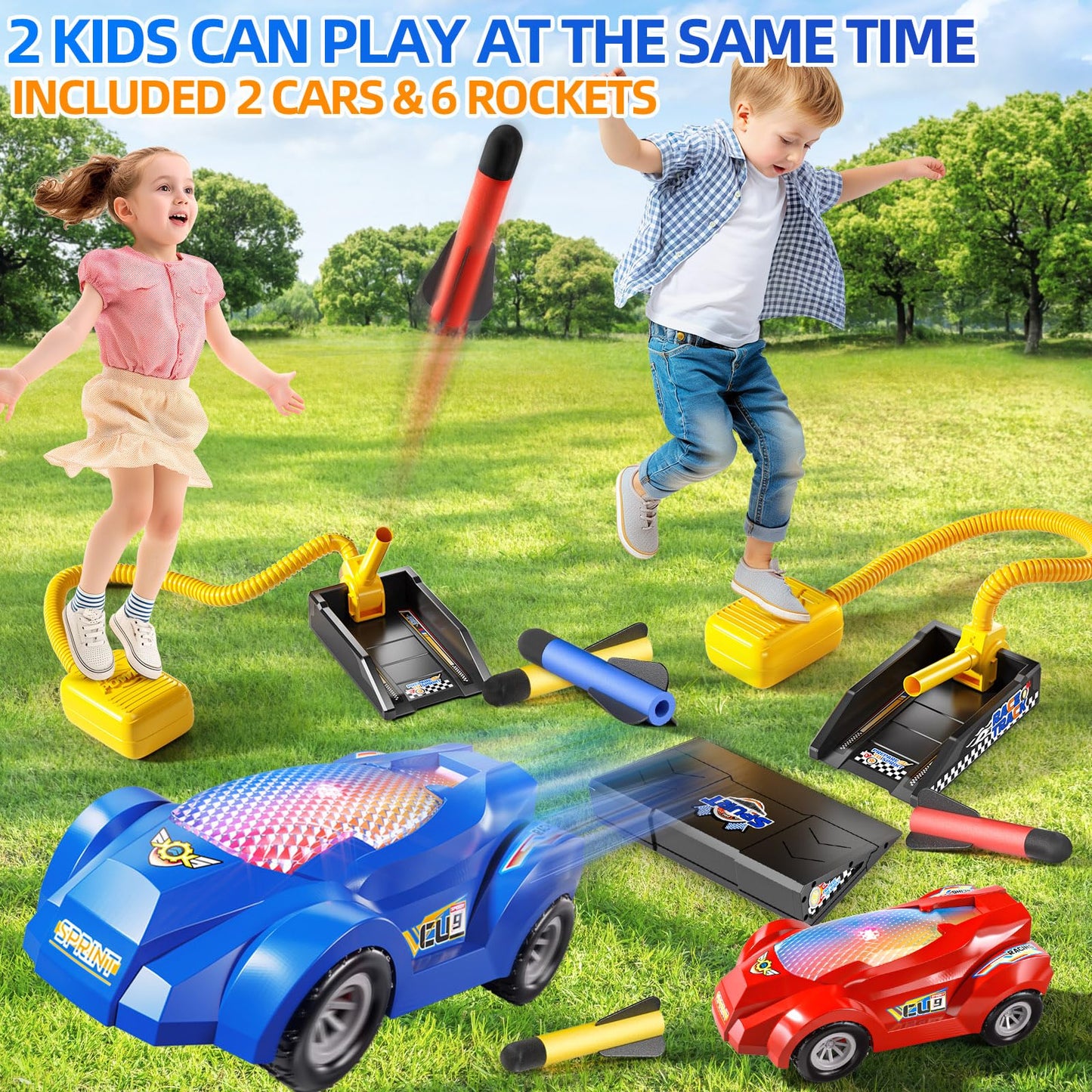 NIPLOOOW Rocket Toy Car Launcher — 2 Cars, 6 Foam Rockets, Outdoor Fun
