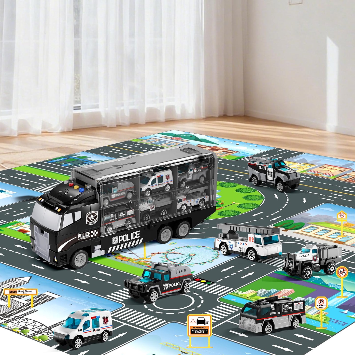 NIPLOOOW Police Truck Toy Set with Play Mat – Die-Cast Cars for 3–8 Year Olds