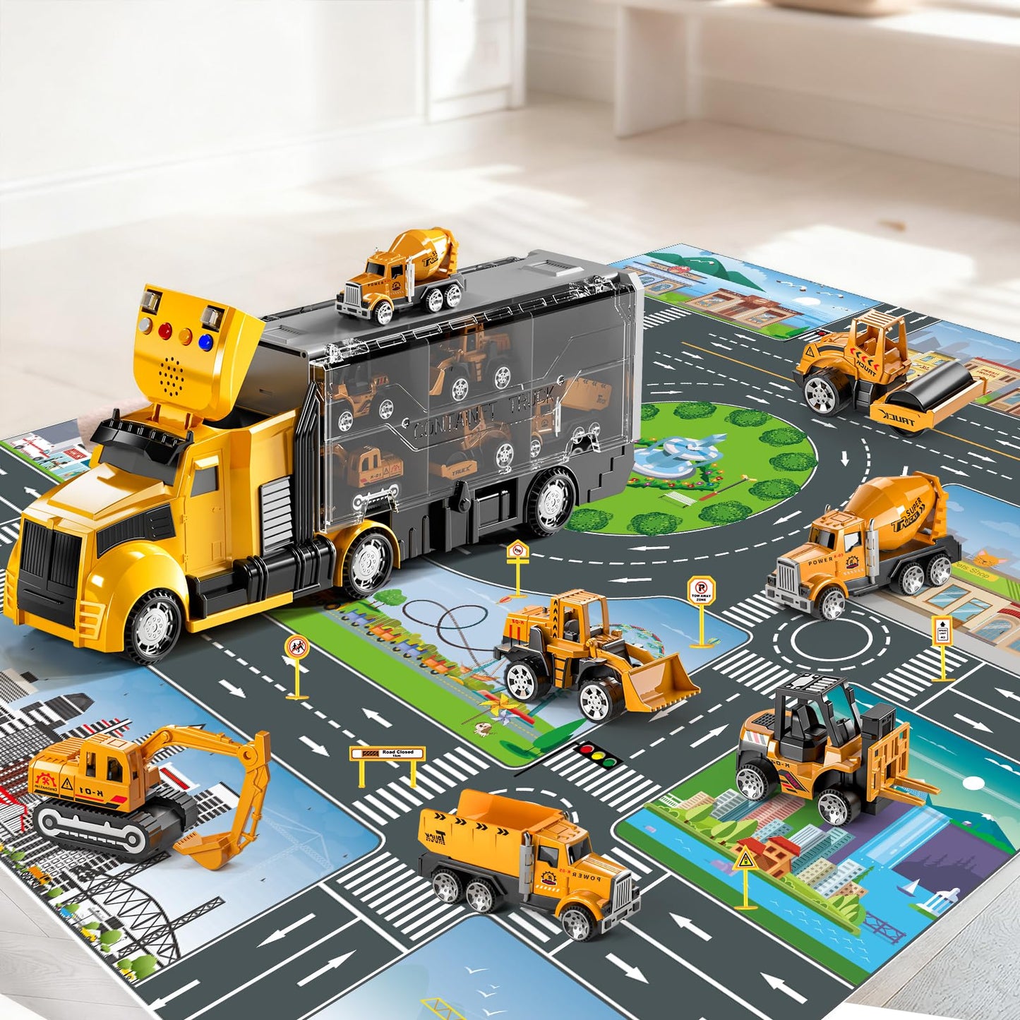 NIPLOOOW Construction Trucks Toy Set with Play Mat – Carrier Truck & Realistic Lights