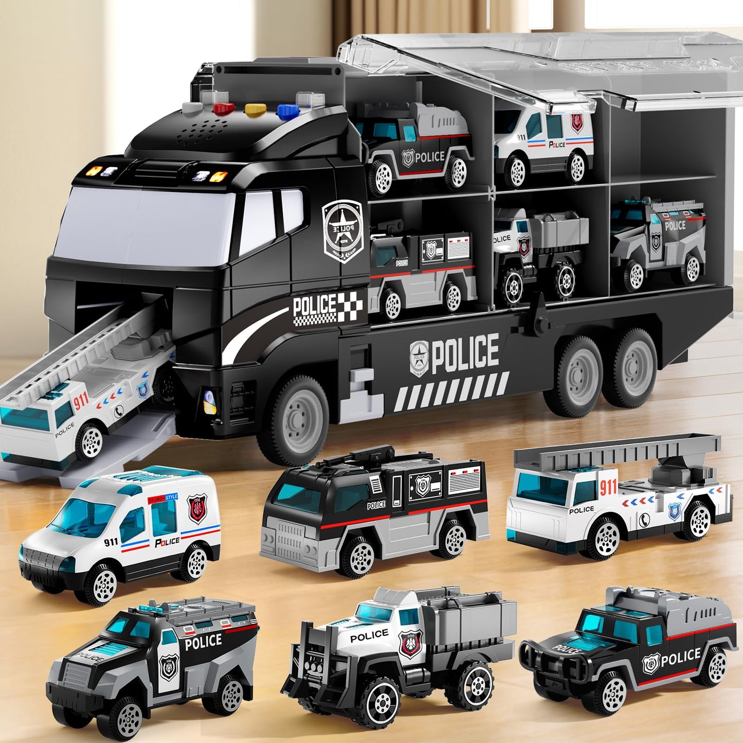 NIPLOOOW Police Truck Toy Set with Play Mat – Die-Cast Cars for 3–8 Year Olds