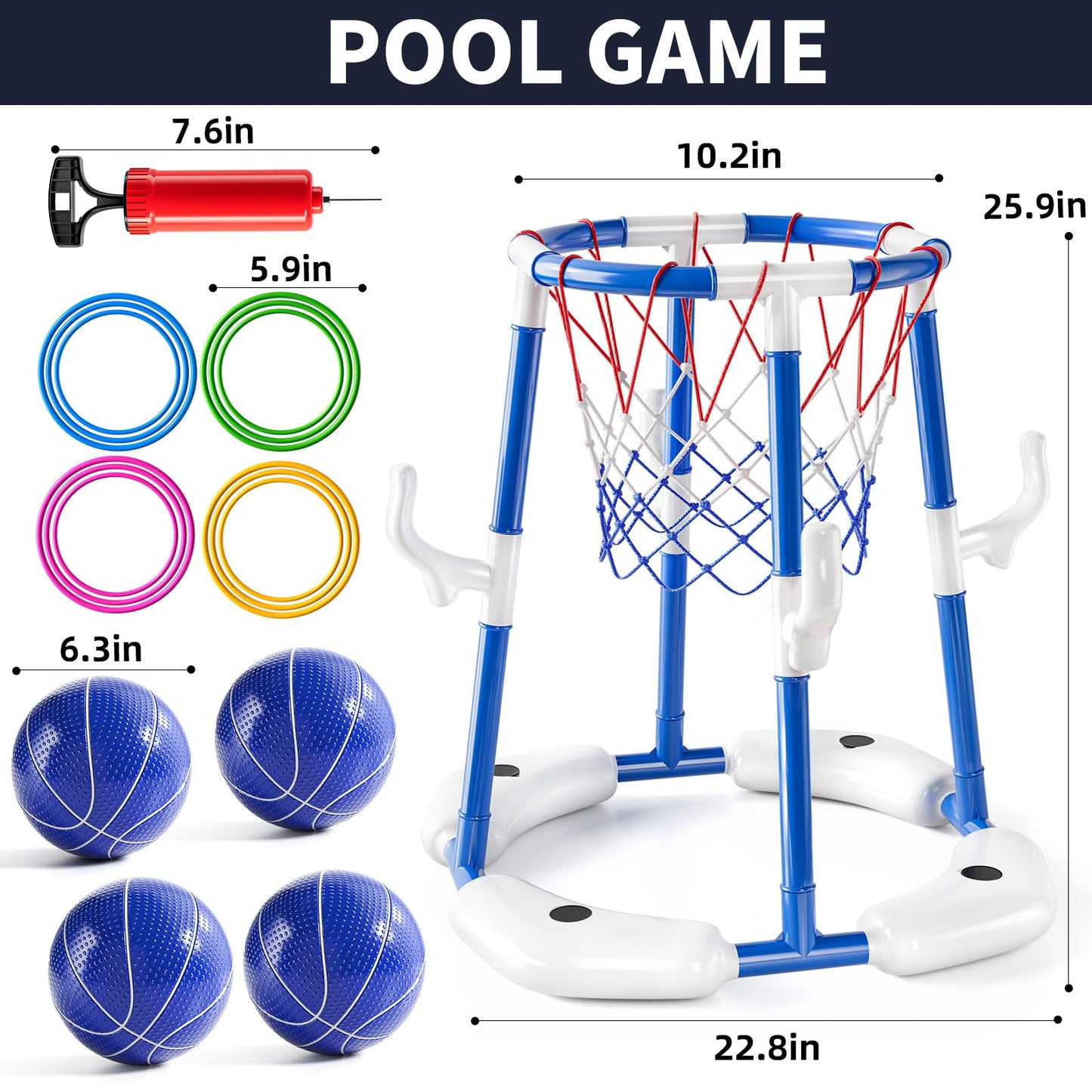 NIPLOOOW Pool Basketball Hoop - 2-in-1 Floating Ring Game with 4 Balls & Pump