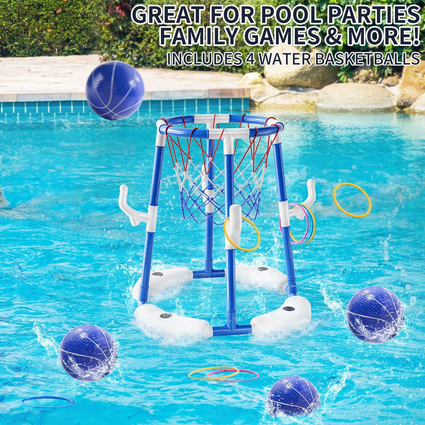 NIPLOOOW Pool Basketball Hoop - 2-in-1 Floating Ring Game with 4 Balls & Pump