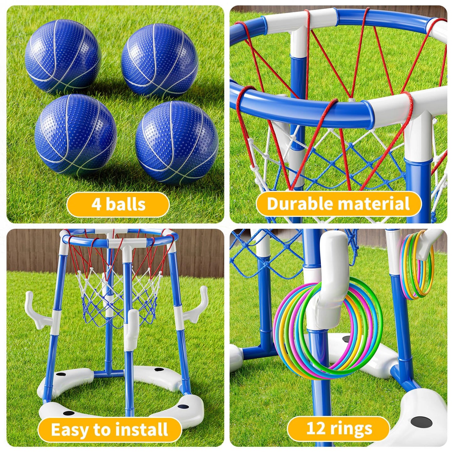 NIPLOOOW Pool Basketball Hoop - 2-in-1 Floating Ring Game with 4 Balls & Pump
