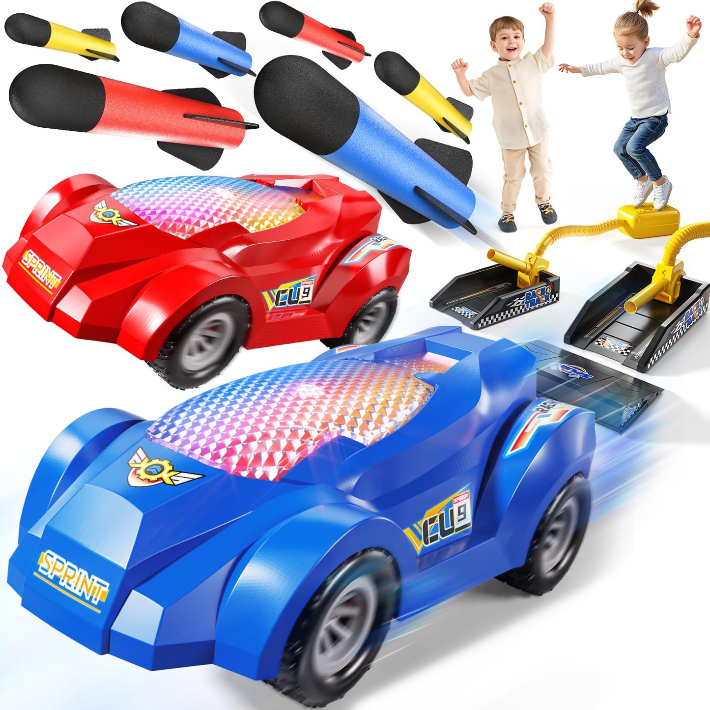 NIPLOOOW Rocket Toy Car Launcher — 2 Cars, 6 Foam Rockets, Outdoor Fun