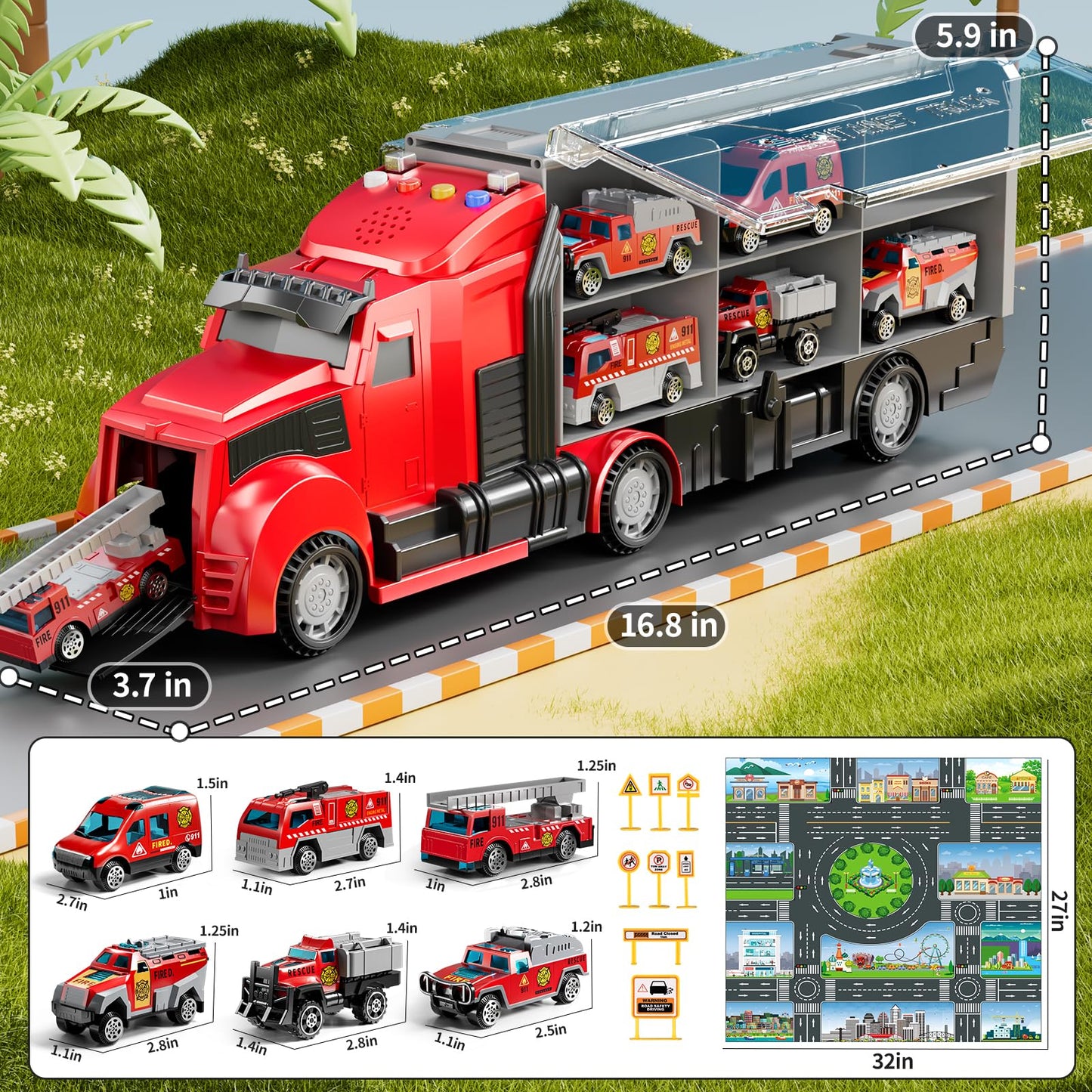 NIPLOOOW Fire Trucks Toy Set with Play Mat – Realistic Carrier Truck & 7 Vehicles for Kids 3-9