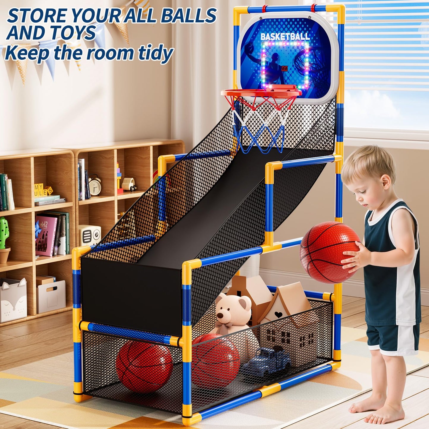 NIPLOOOW Arcade Basketball Game Set for Kids 3-12 | Adjustable Hoop, 4 Balls & Pump