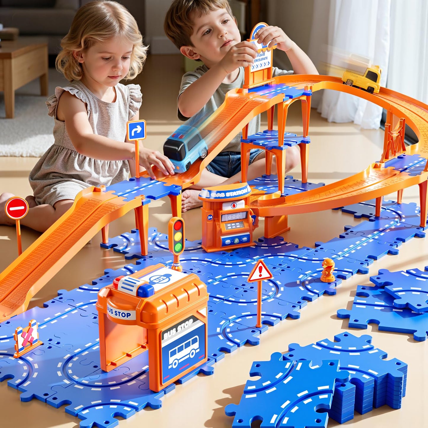 NIPLOOOW Puzzle Race Car Track Set – 57-Piece Floor Toy for Kids Aged 3-8