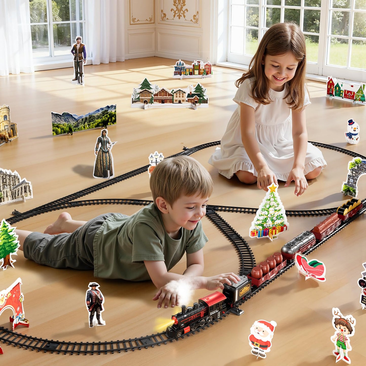 NIPLOOOW Train Set for Toddlers (Ages 3-8) — Lights, Sounds & Smoke for Christmas Tree