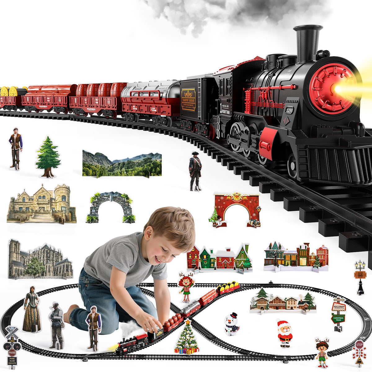 NIPLOOOW Train Set for Toddlers (Ages 3-8) — Lights, Sounds & Smoke for Christmas Tree