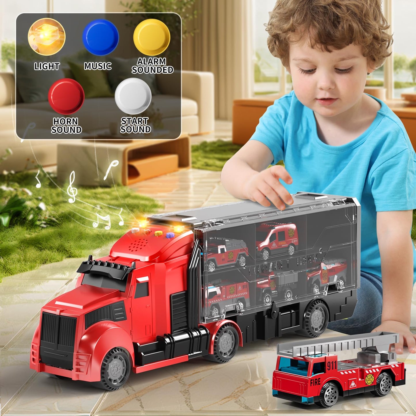 NIPLOOOW Fire Trucks Toy Set with Play Mat – Realistic Carrier Truck & 7 Vehicles for Kids 3-9