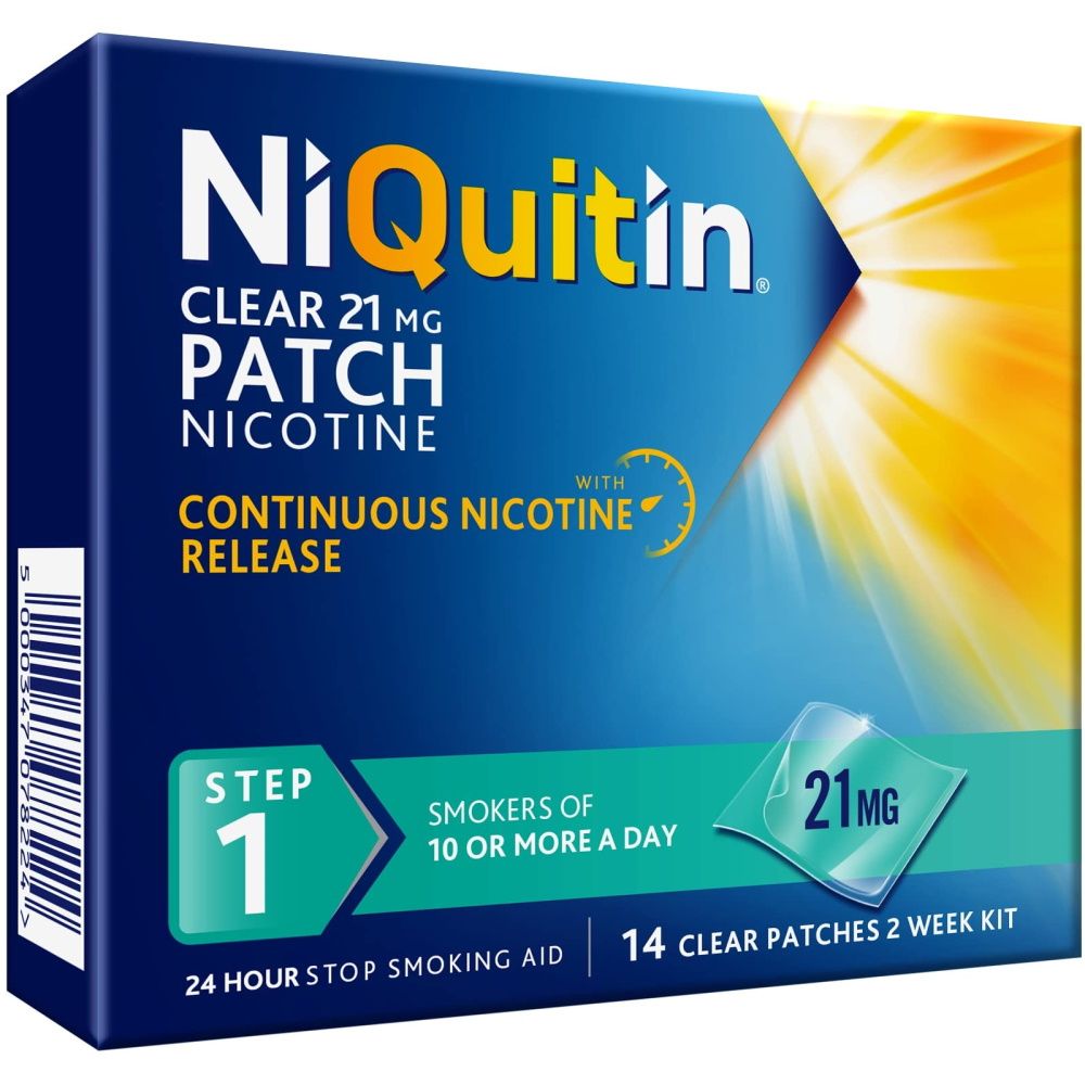 NiQuitin CQ Clear 21mg Patches x14 (Step 1) Expiry date 06/28, ID REQUIRED, New but scruffy box
