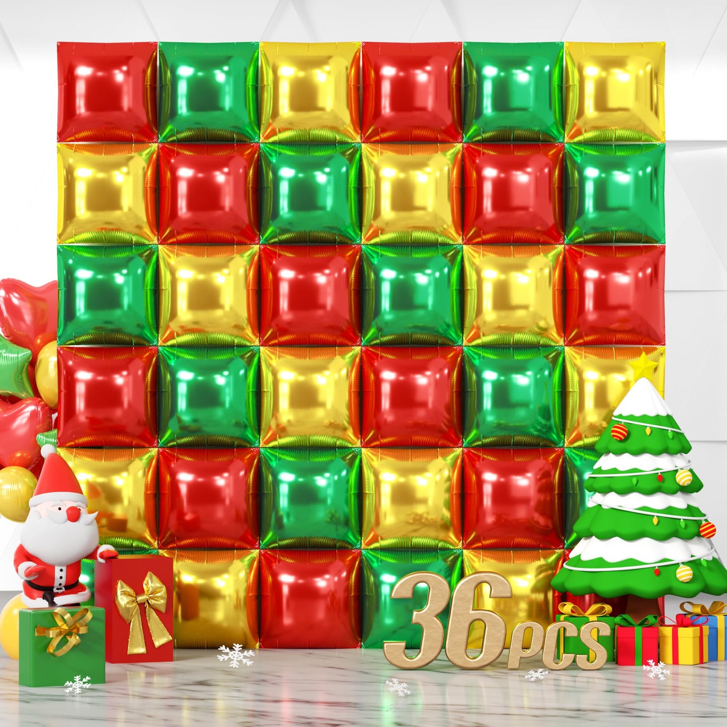 NISOCY 36Pcs Red Green Gold Square Foil Balloons Wall Backdrop Arch Kit – Double-Sided Party Decor
