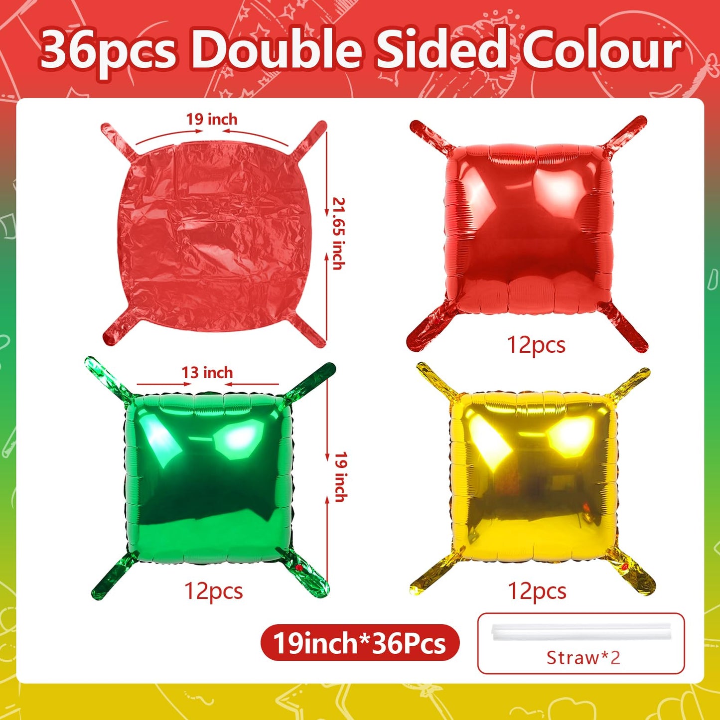 NISOCY 36Pcs Red Green Gold Square Foil Balloons Wall Backdrop Arch Kit – Double-Sided Party Decor