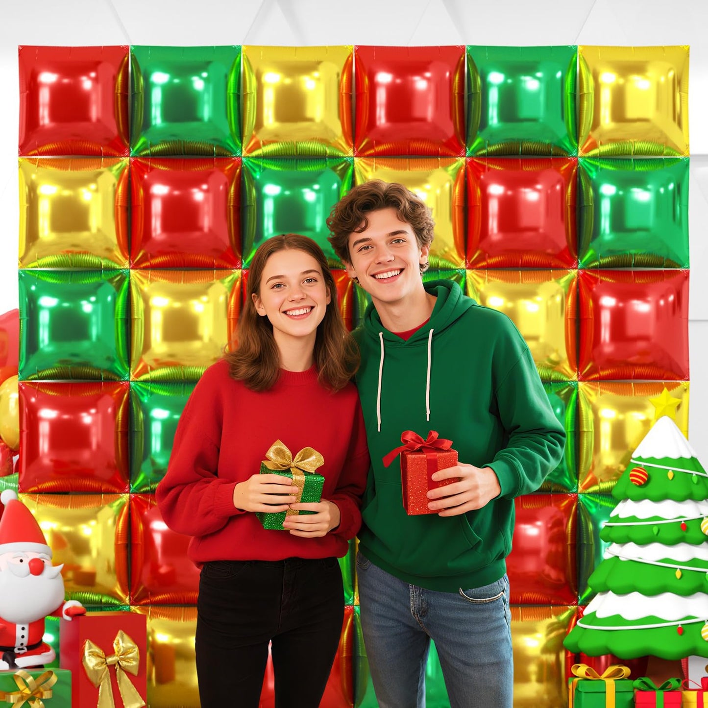 NISOCY 36Pcs Red Green Gold Square Foil Balloons Wall Backdrop Arch Kit – Double-Sided Party Decor
