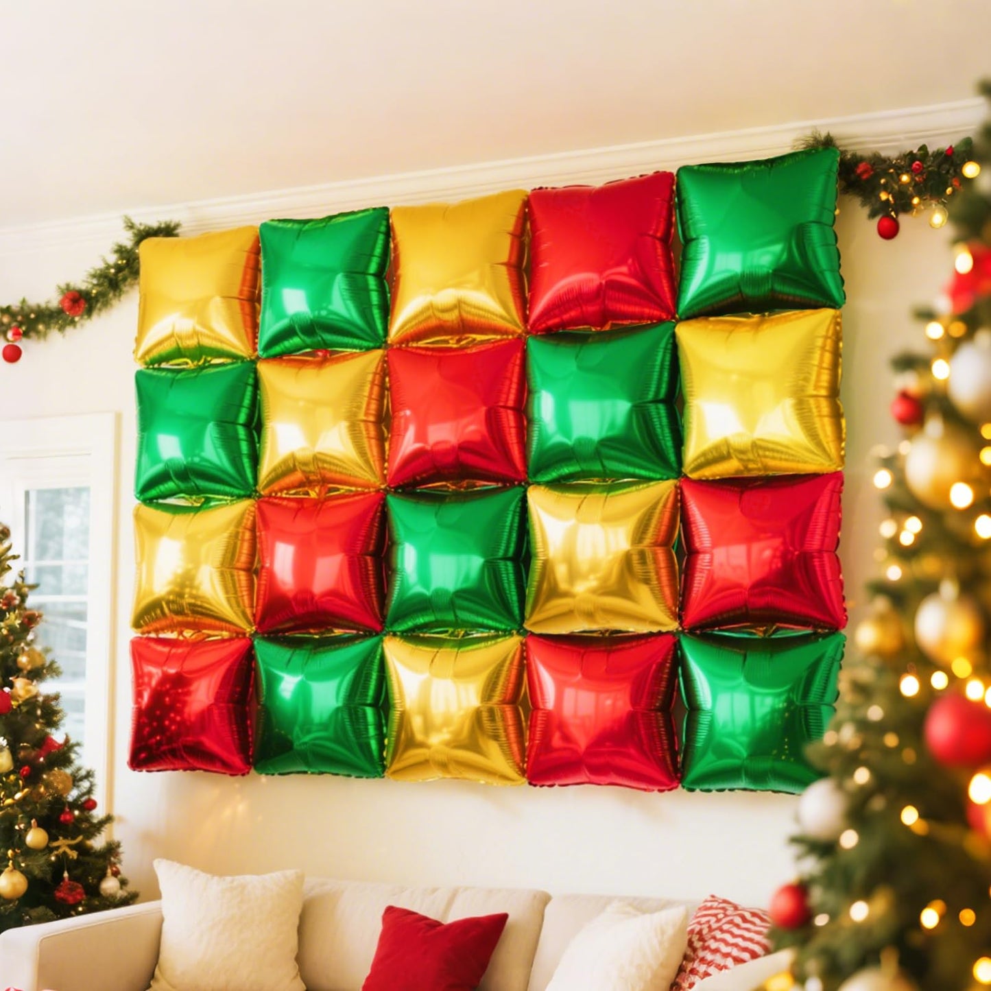NISOCY 36Pcs Red Green Gold Square Foil Balloons Wall Backdrop Arch Kit – Double-Sided Party Decor