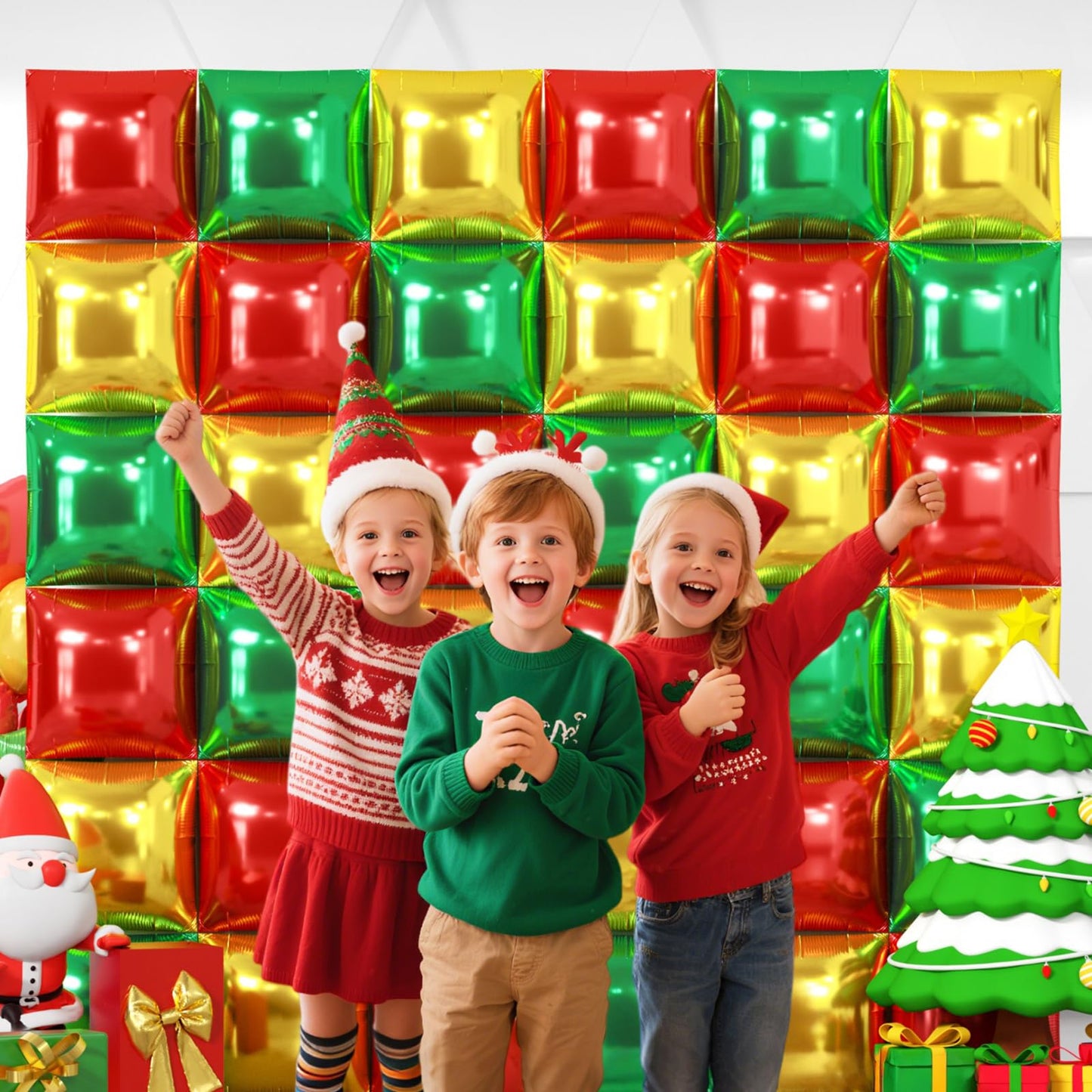 NISOCY 36Pcs Red Green Gold Square Foil Balloons Wall Backdrop Arch Kit – Double-Sided Party Decor