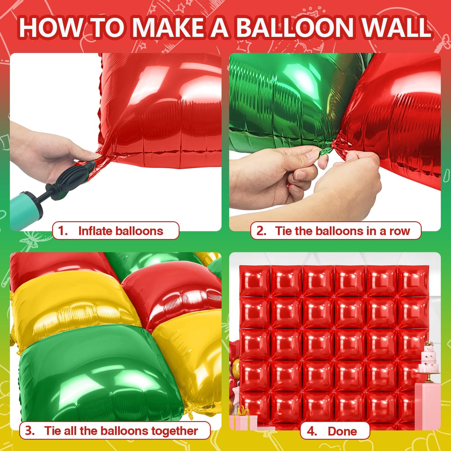 NISOCY 36Pcs Red Green Gold Square Foil Balloons Wall Backdrop Arch Kit – Double-Sided Party Decor