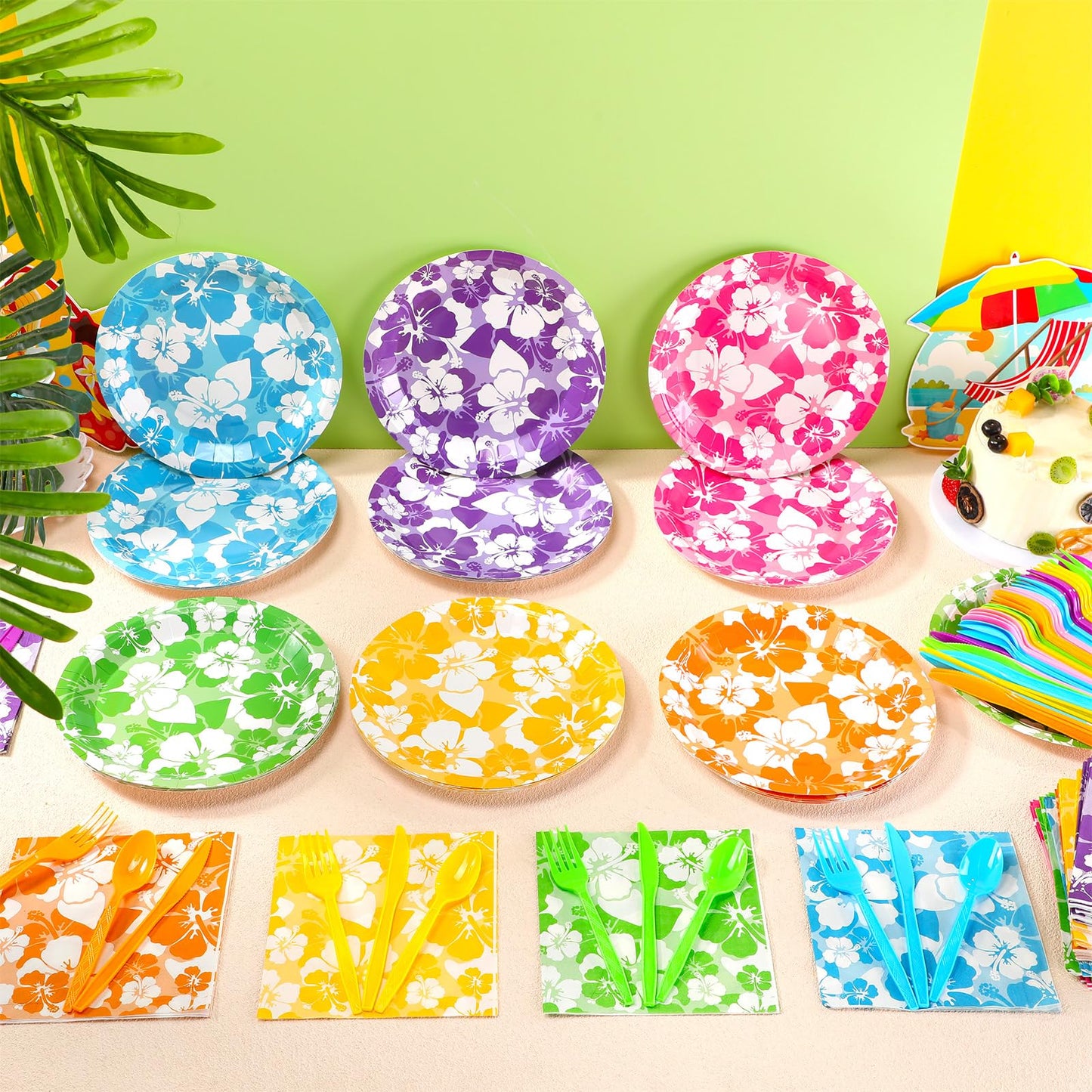 Ninitial 240 Pcs Hibiscus Party Plates & Utensils Set for Luau & Tropical Parties – Serves 48 Guests