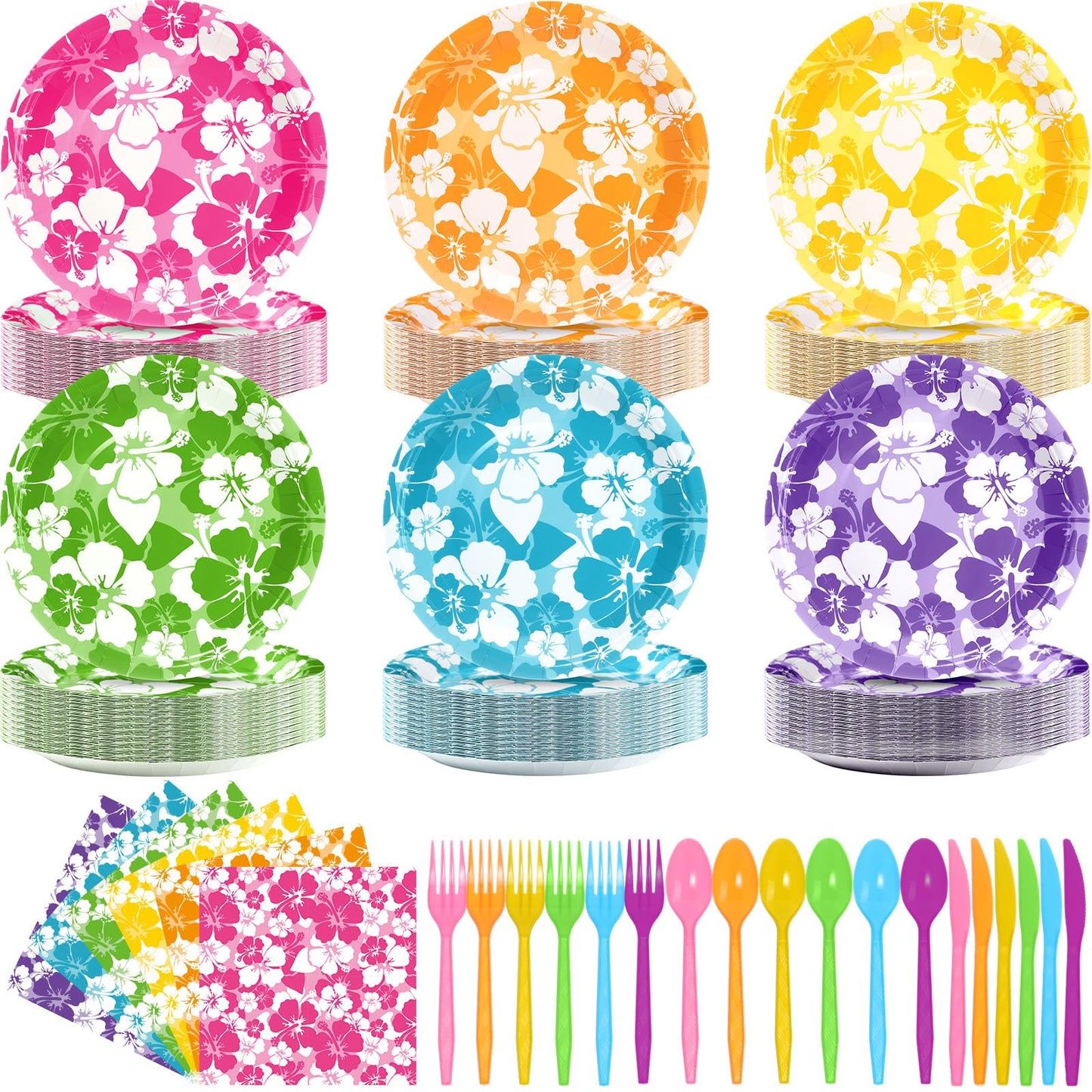 Ninitial 240 Pcs Hibiscus Party Plates & Utensils Set for Luau & Tropical Parties – Serves 48 Guests