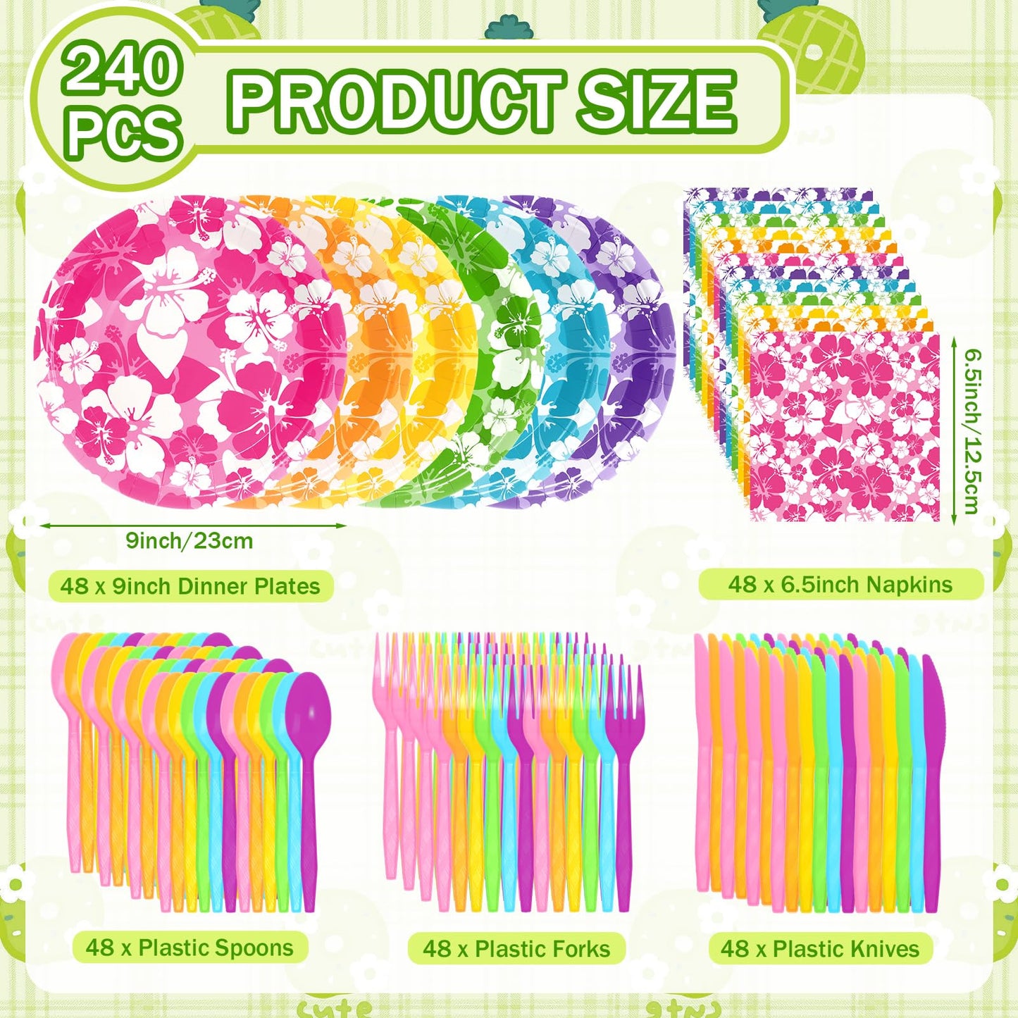 Ninitial 240 Pcs Hibiscus Party Plates & Utensils Set for Luau & Tropical Parties – Serves 48 Guests