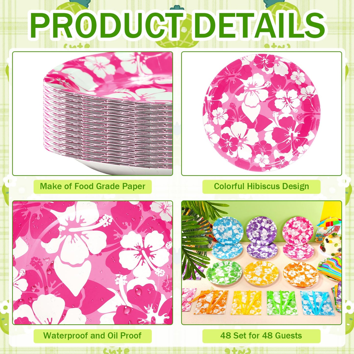 Ninitial 240 Pcs Hibiscus Party Plates & Utensils Set for Luau & Tropical Parties – Serves 48 Guests