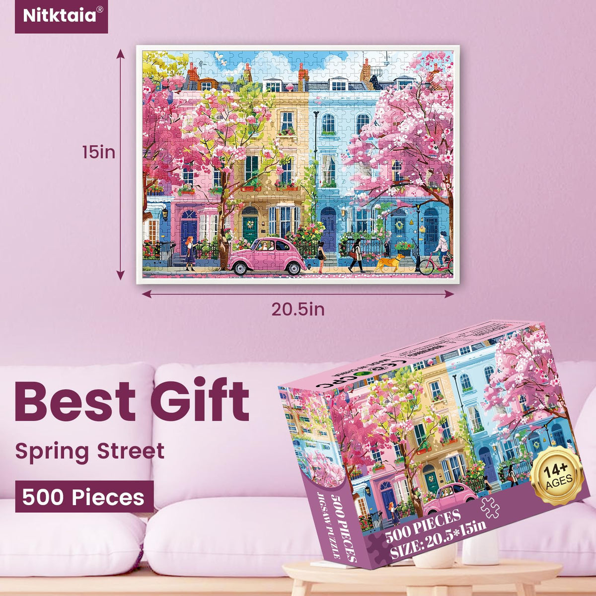 Nitktaia 500 Pieces Jigsaw Puzzle – Spring Street for Adults | Recycled Cardboard, Glossy Finish, 20.5 x 15 in