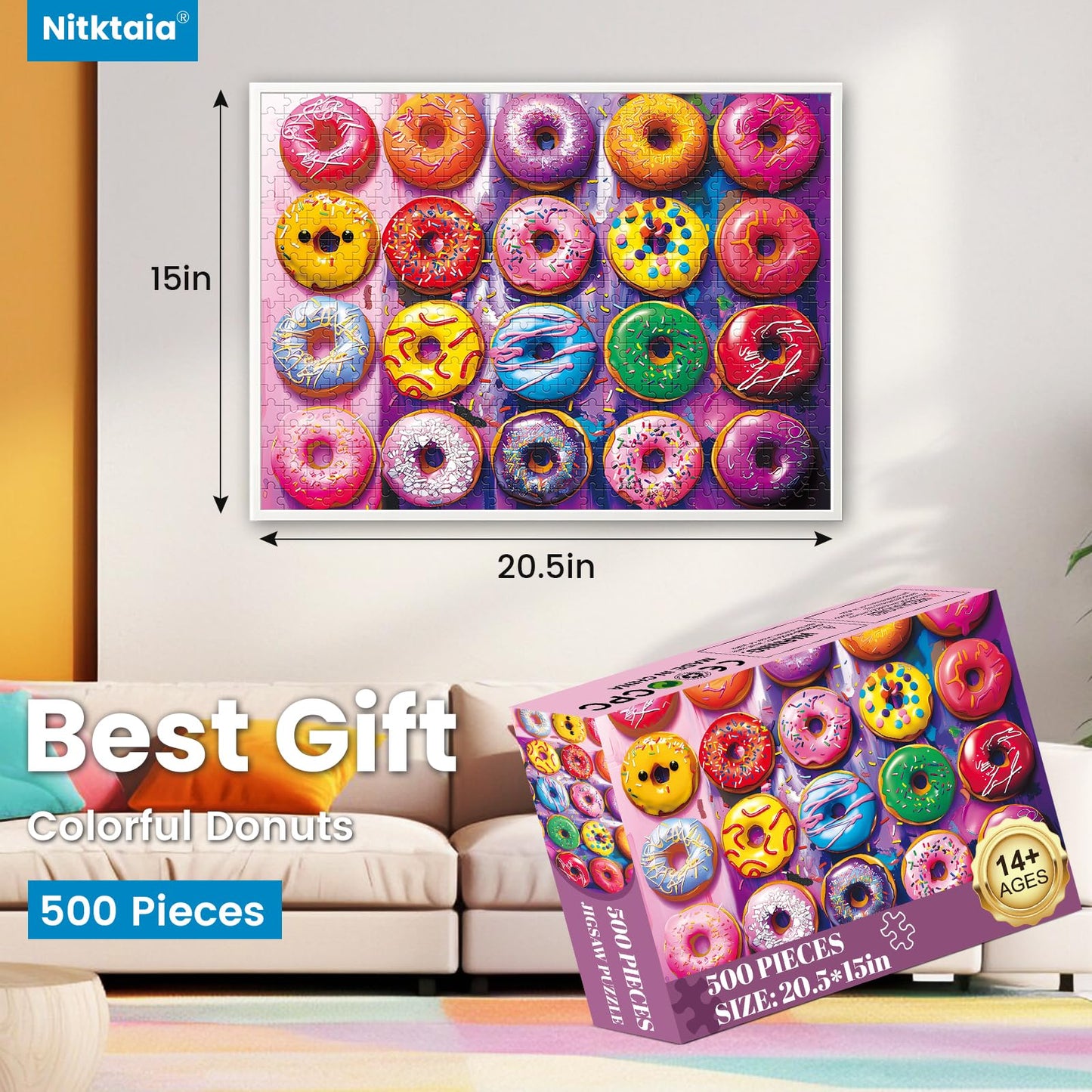 Nitktaia 500-Piece Colorful Donuts Puzzle for Adults – Recycled Cardboard, Glossy Finish