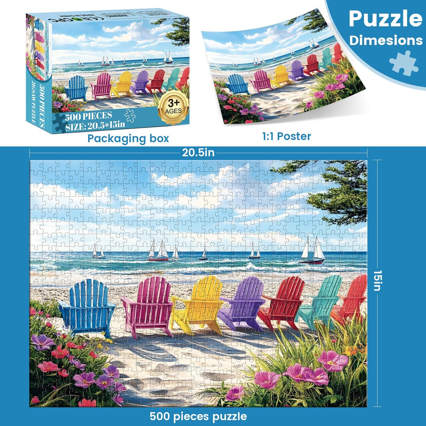 Nitktaia 500-Piece Puzzle for Adults – Hawaiian Beach Rainbow Chair, Recycled Paper Jigsaw 20.5 x 15 in