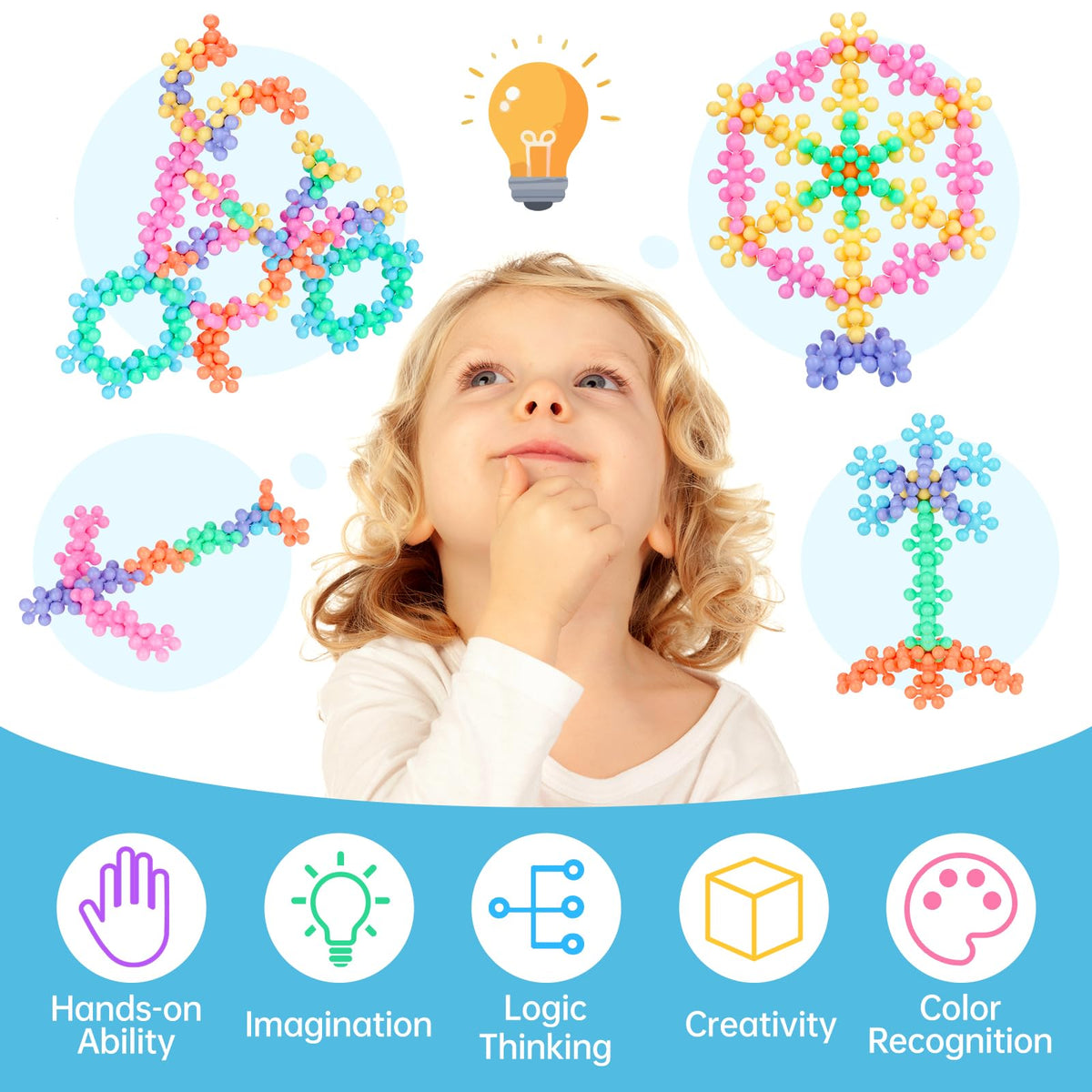 NiToy 300PCS Interlocking Snowflake Blocks – Safe STEM Toy for Kids 3+ (Macaron Colors)