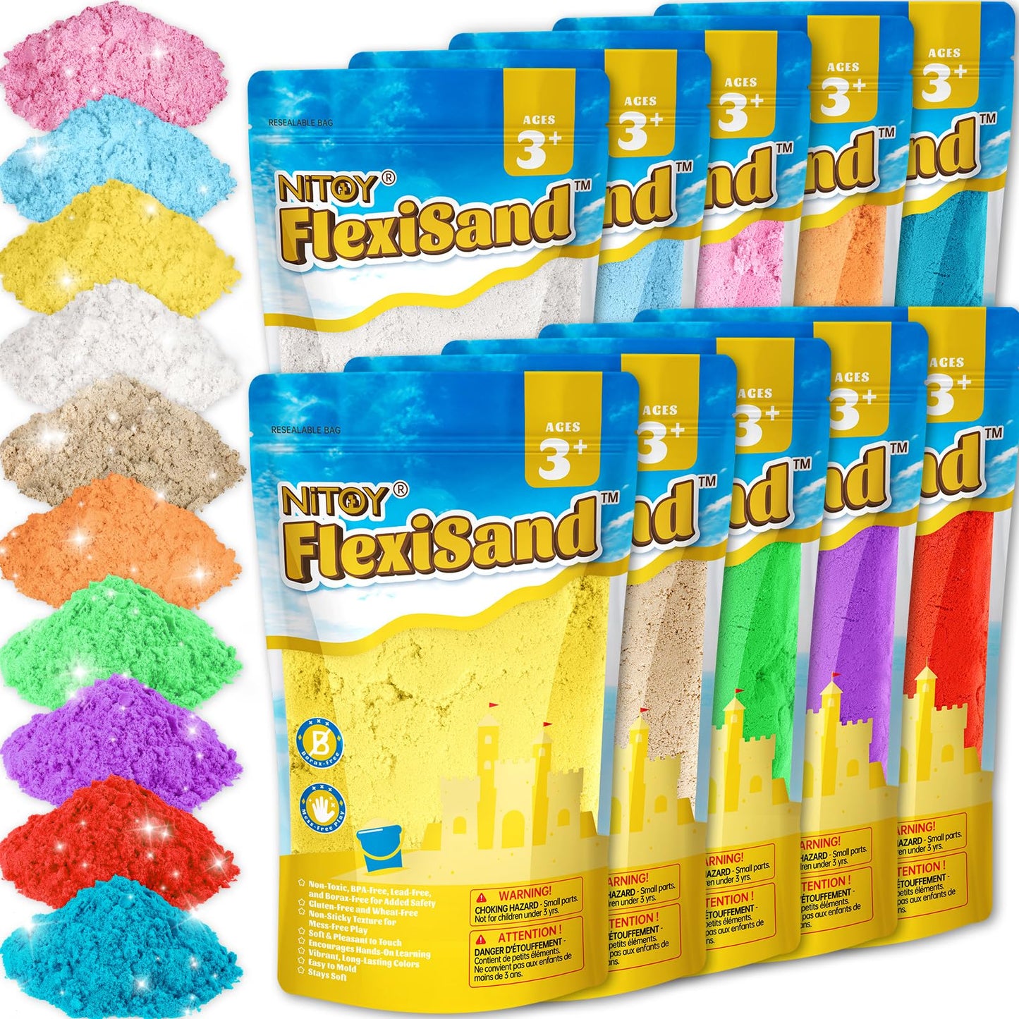 NiToy FlexiSand Value Pack – 19 lb 10-Color Moldable Sand for Kids 3+ (Never Dries Out)