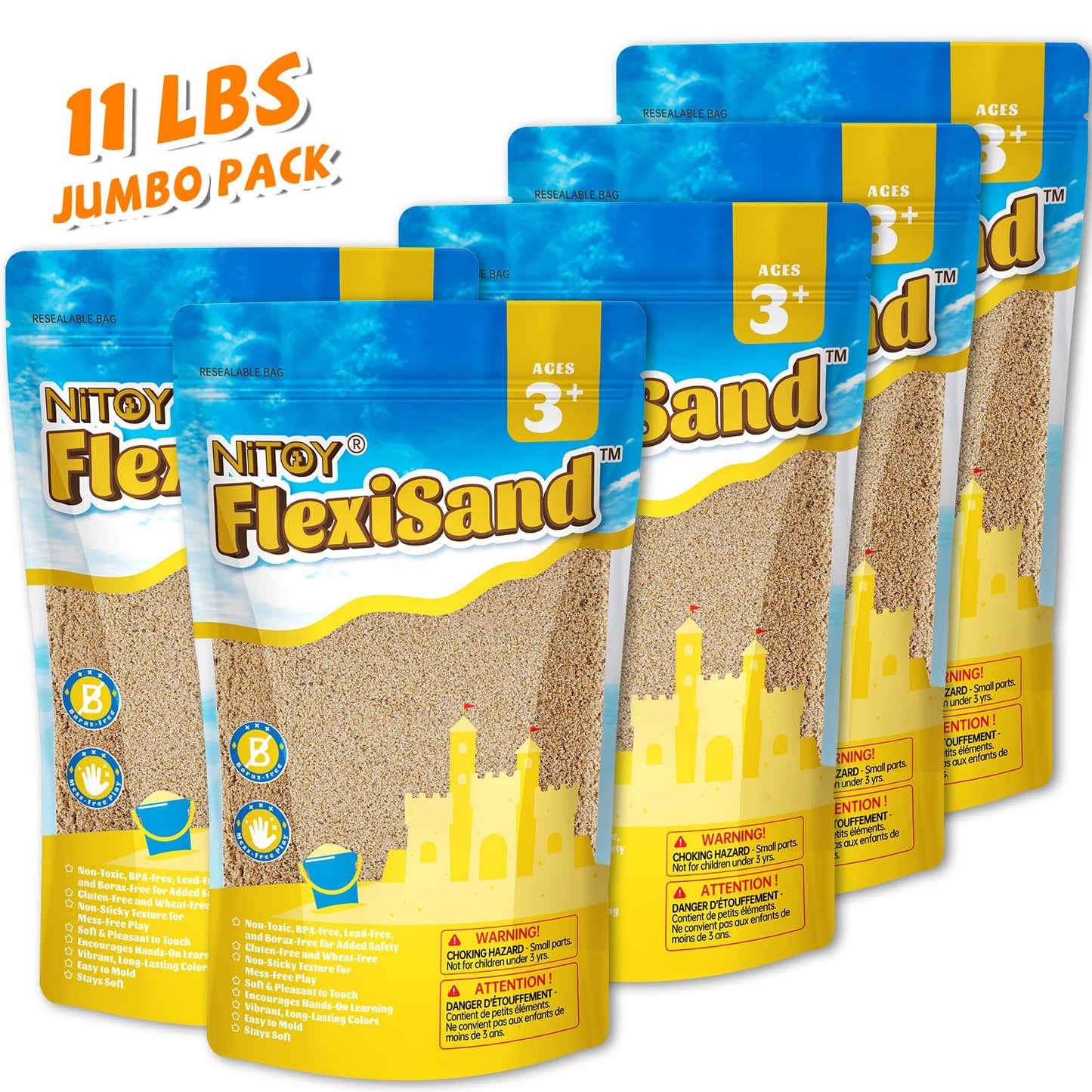 NiToy FlexiSand 11lb Bulk Pack – Moldable, Self-Sticking Sand That Never Dries Out for Kids 3+