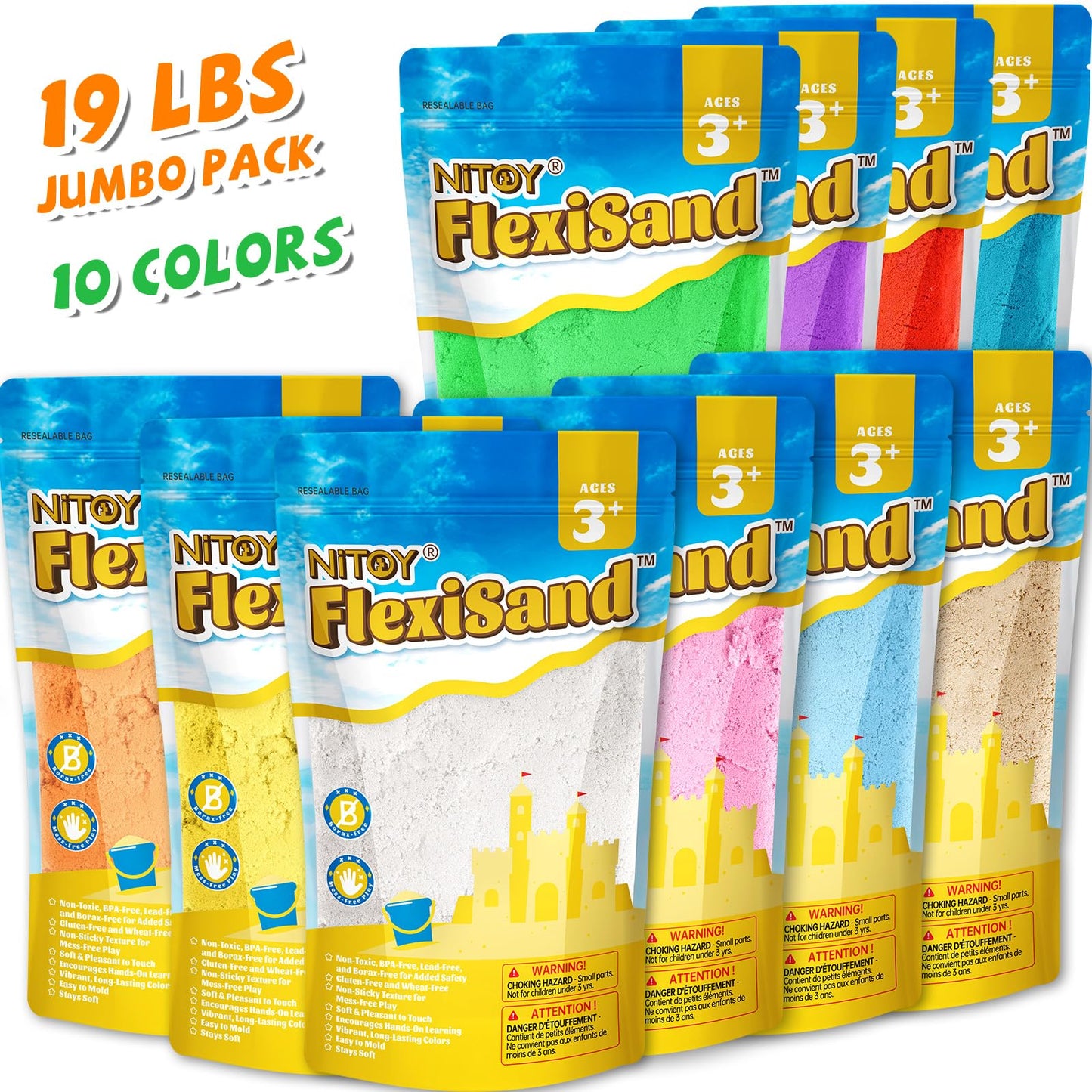 NiToy FlexiSand Value Pack – 19 lb 10-Color Moldable Sand for Kids 3+ (Never Dries Out)