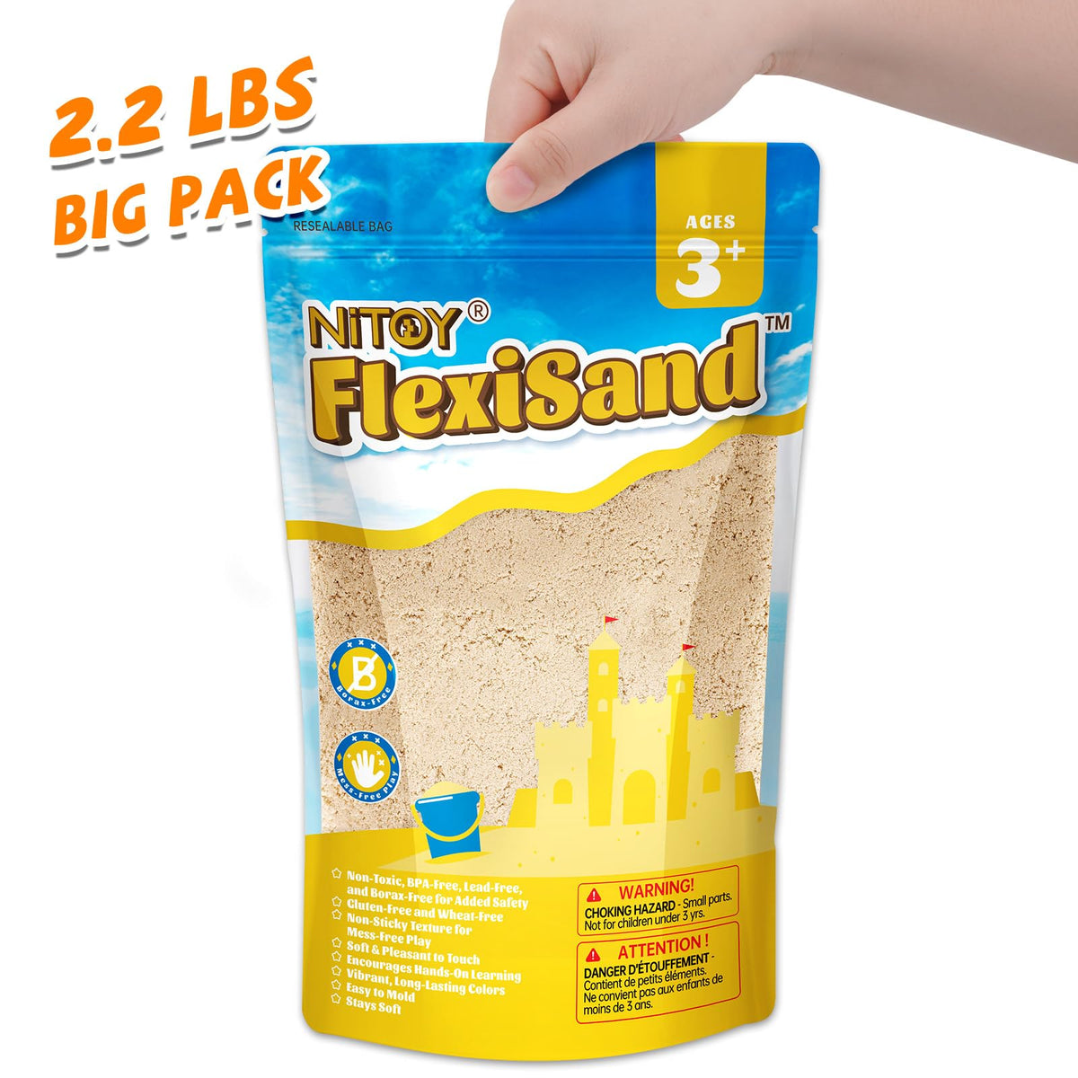 NiToy FlexiSand 2.2lbs Play Sand – Never Dries Out, Safe, Creative Sensory Sand for Kids 3+