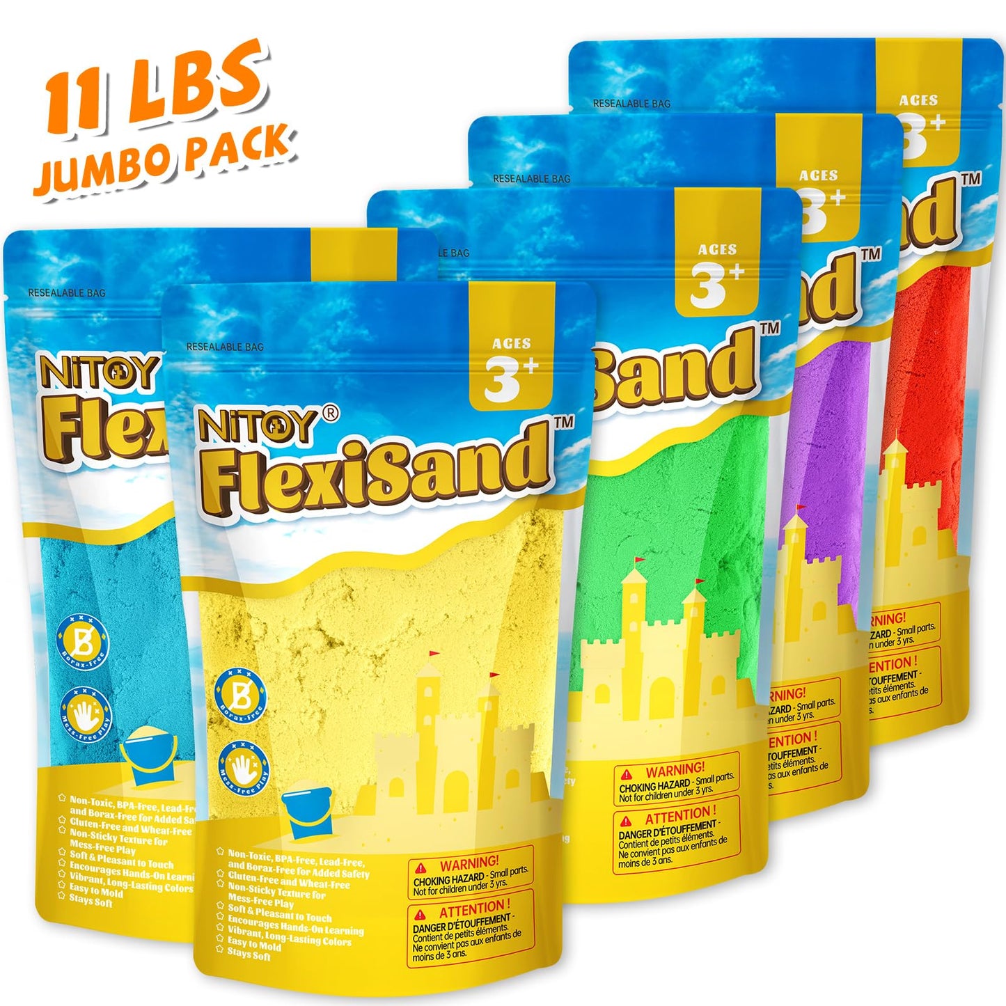 NiToy FlexiSand Value Pack – 11lbs of 5-Colored Self-Sticking Sand