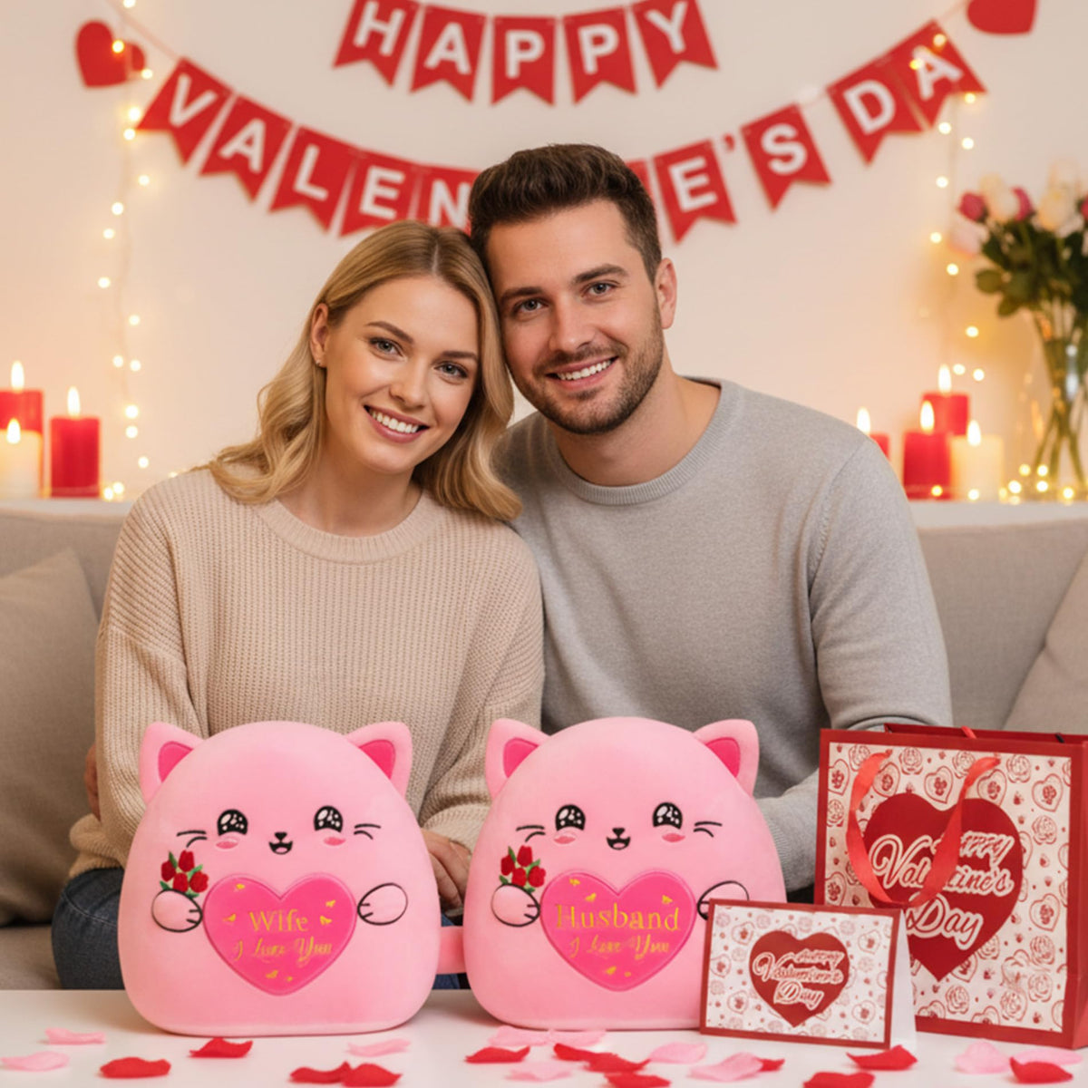 NIUBEHOHO Cat Plush with Rose for Her – 10-Inch Pink Embroidered Gift for Wife or Girlfriend