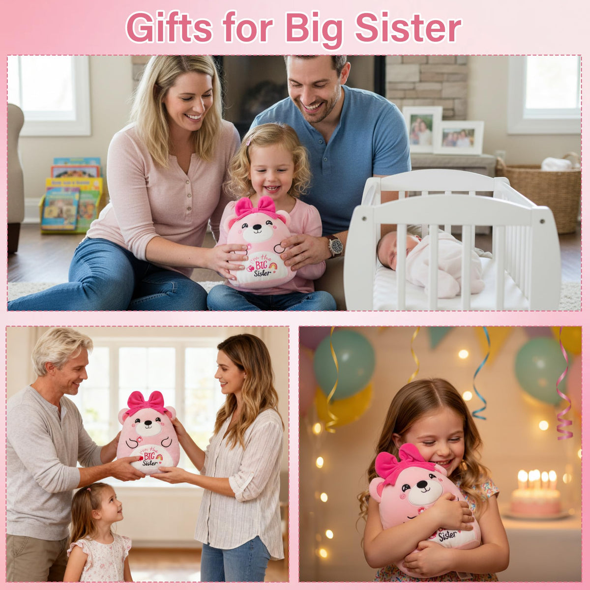 NIUBEHOHO Big Sister Bear Plush – Pink 'I'm The Big Sister' Embroidery Gift