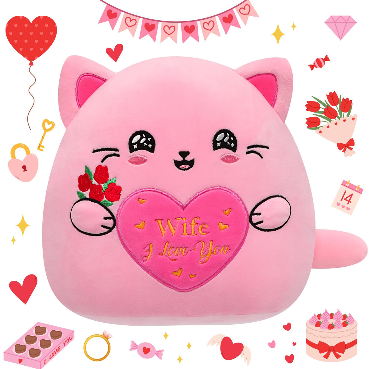 NIUBEHOHO Cat Plush with Rose for Her – 10-Inch Pink Embroidered Gift for Wife or Girlfriend