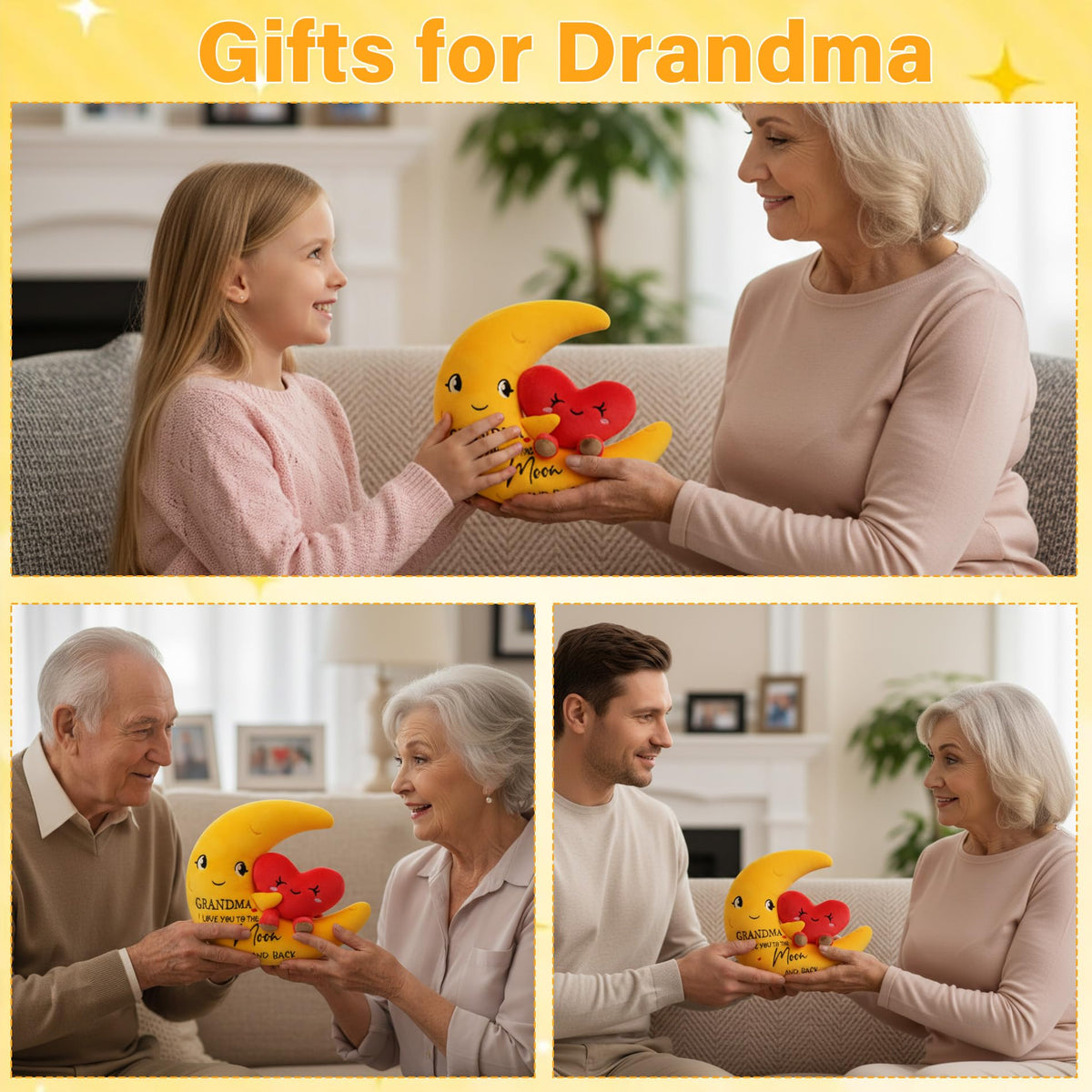 NIUBEHOHO Grandma's Gift Moon Love Plush – 11-Inch Moon & Heart Stuffed Toy