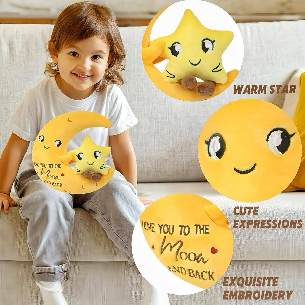 NIUBEHOHO Moon Plush Star Stuffed Animal – I Love You to the Moon and Back (9 Inch)