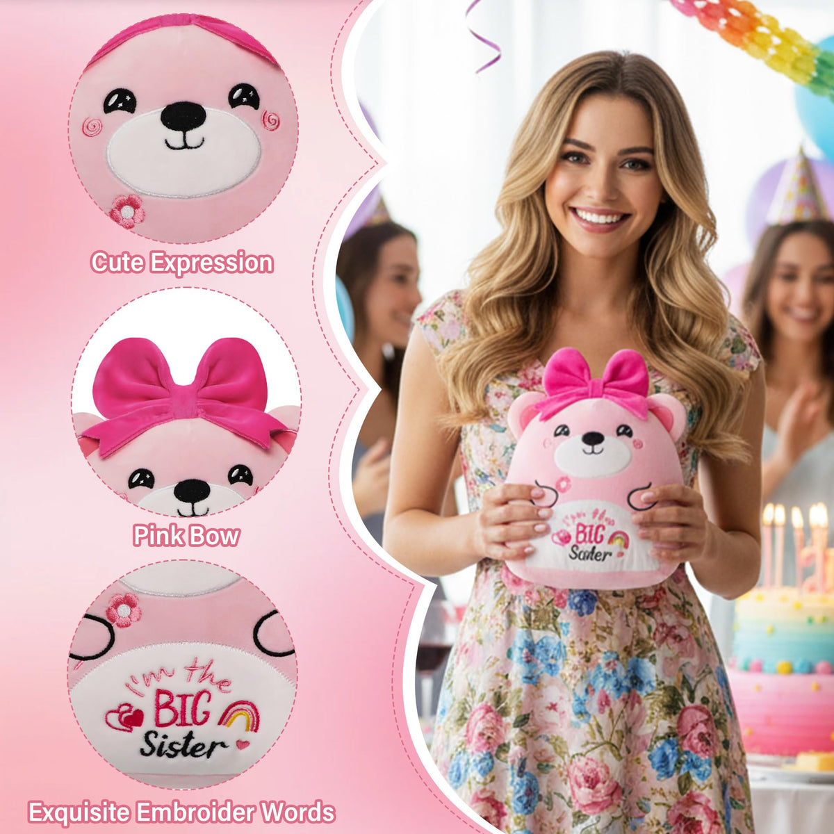 NIUBEHOHO Big Sister Bear Plush – Pink 'I'm The Big Sister' Embroidery Gift