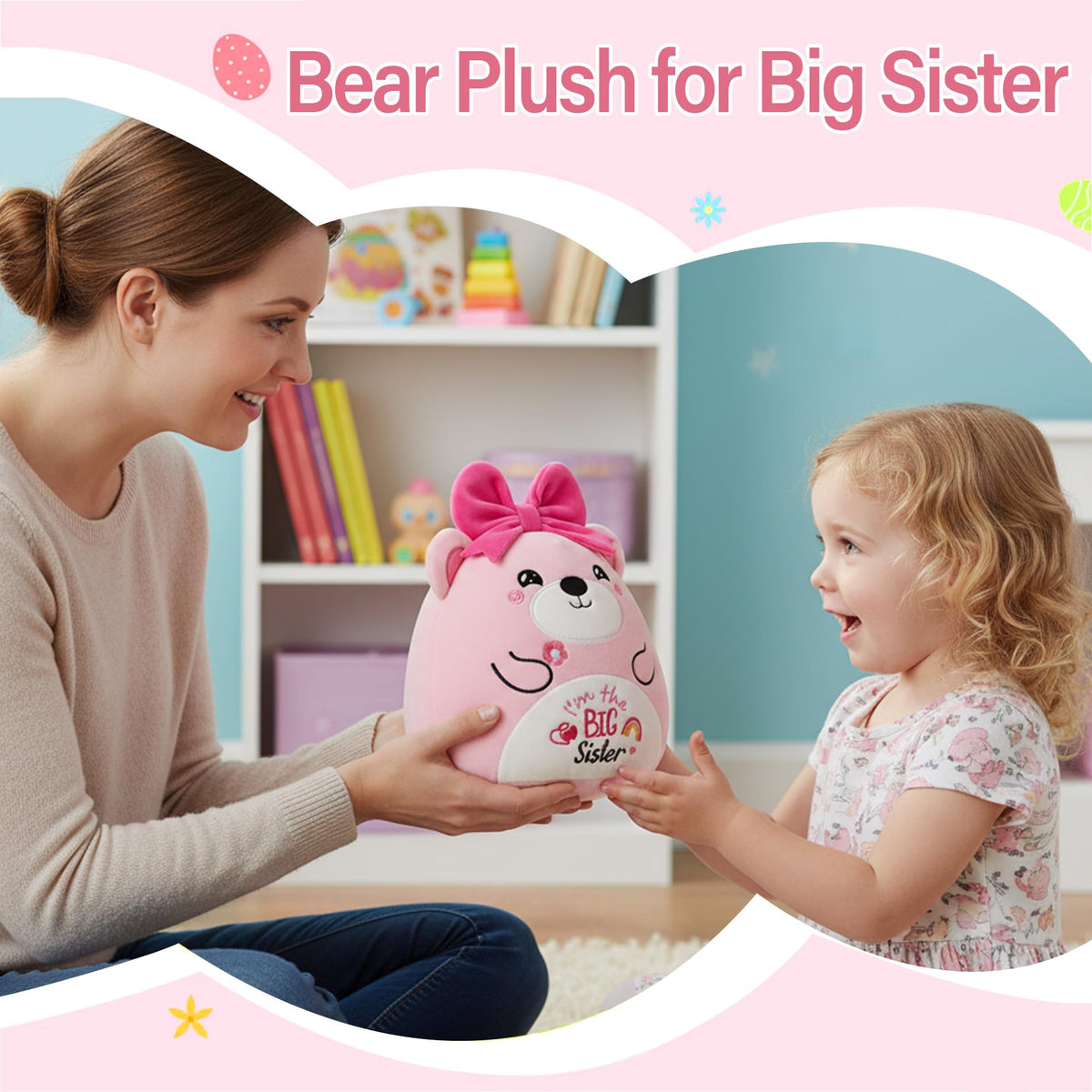 NIUBEHOHO Big Sister Bear Plush – Pink 'I'm The Big Sister' Embroidery Gift