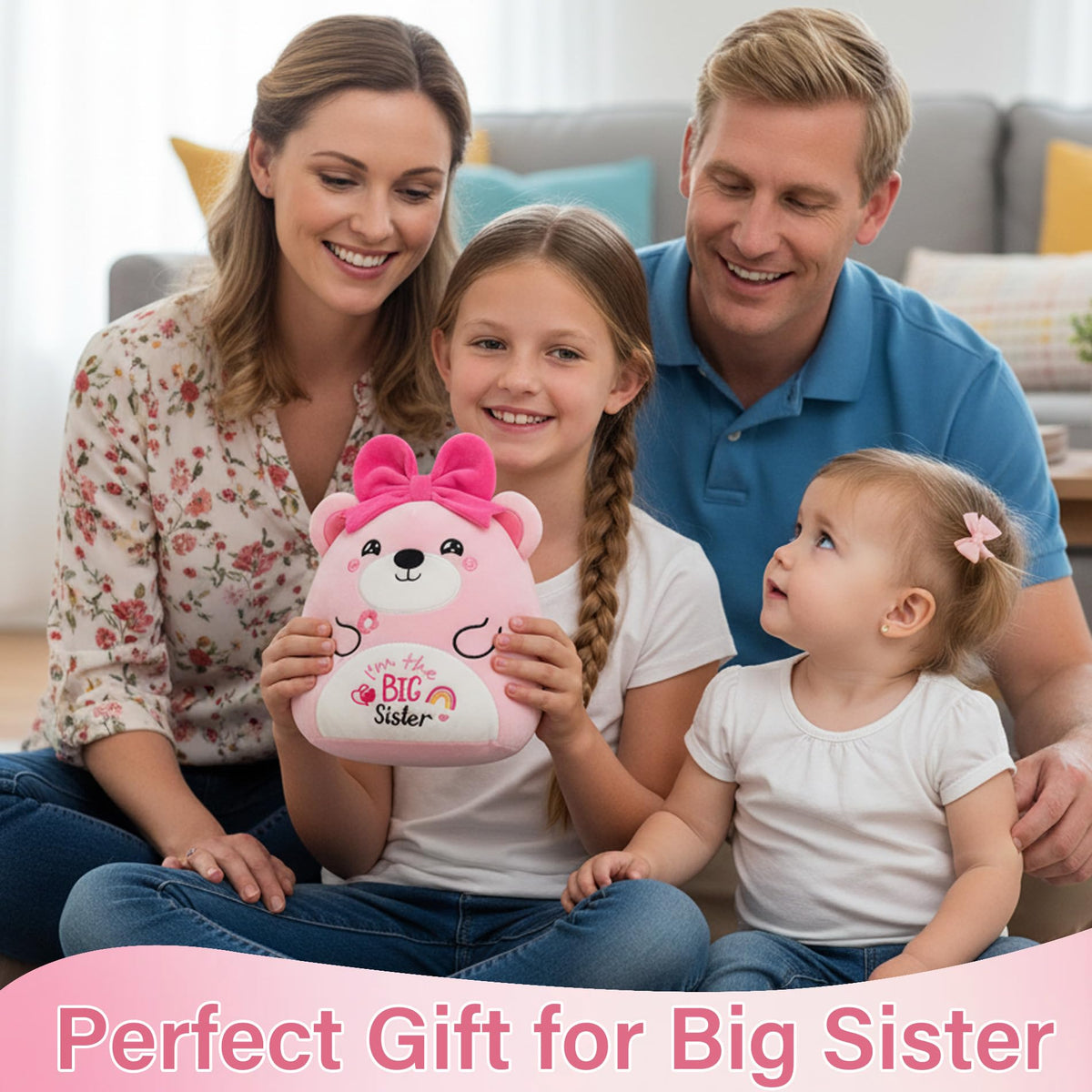 NIUBEHOHO Big Sister Bear Plush – Pink 'I'm The Big Sister' Embroidery Gift