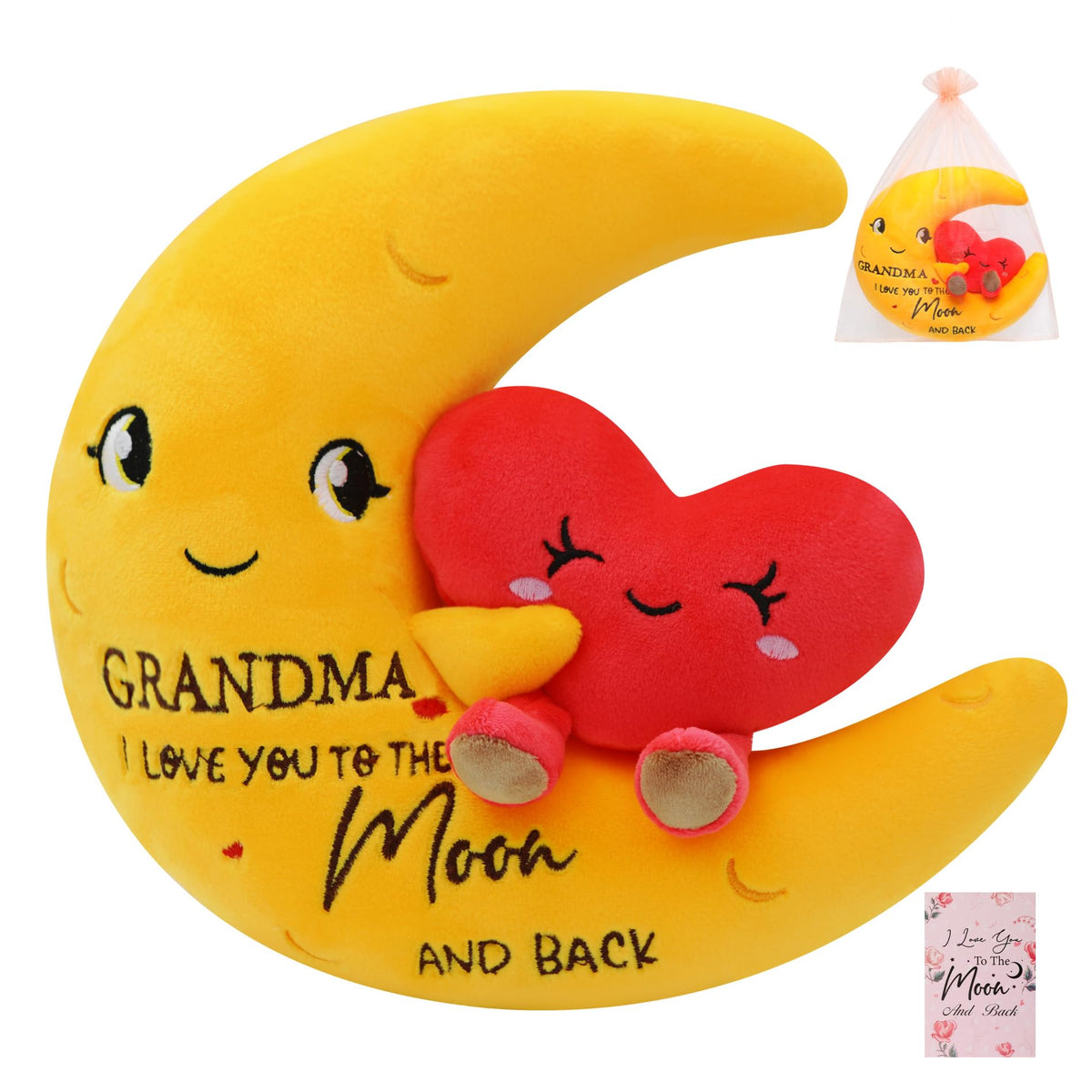 NIUBEHOHO Grandma's Gift Moon Love Plush – 11-Inch Moon & Heart Stuffed Toy