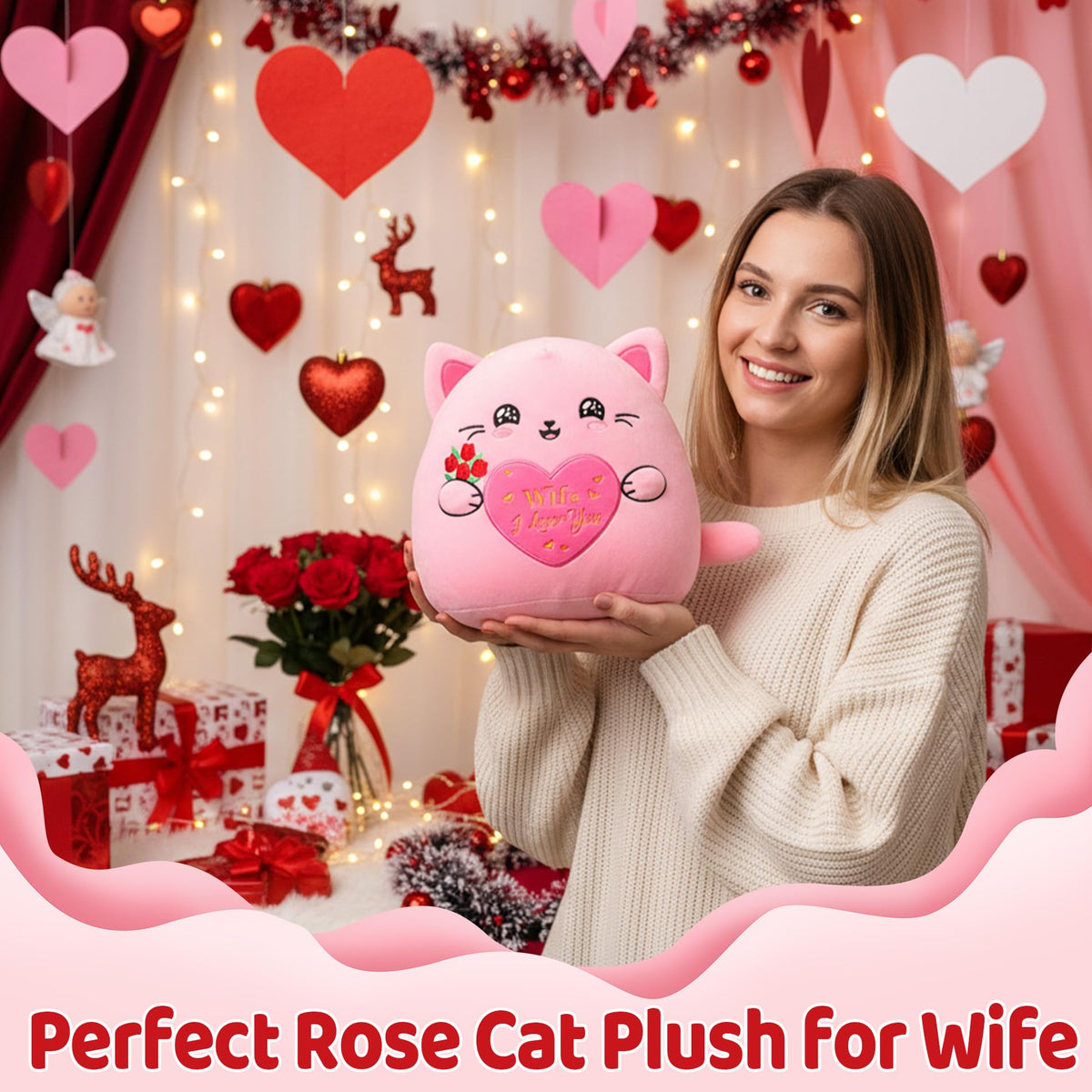 NIUBEHOHO Cat Plush with Rose for Her – 10-Inch Pink Embroidered Gift for Wife or Girlfriend